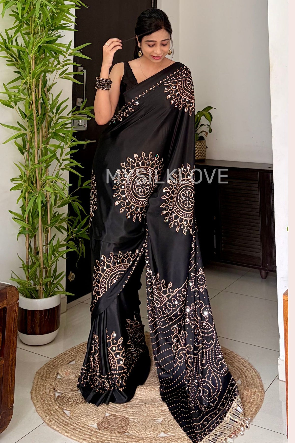 Buy MySilkLove Black Bean Bandhani Gaji Satin Mirror Work Silk Crepe Saree Online