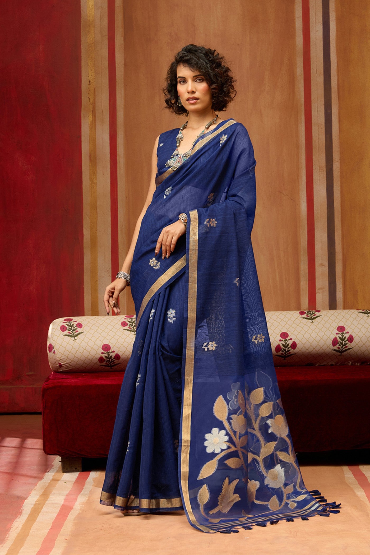 Buy MySilkLove Byzantine Blue Handloom Munga Cotton Saree Online