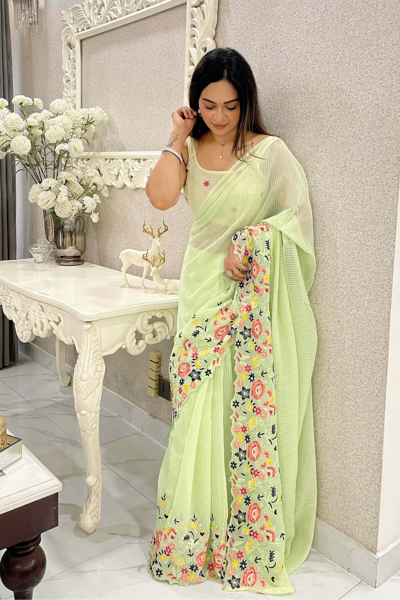 Buy MySilkLove Tea Green Embroidered Partywear Saree Online