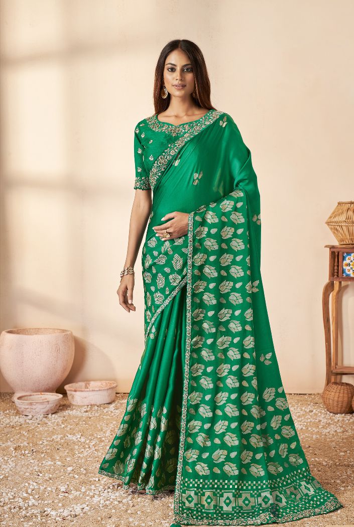 Buy MySilkLove Zuccini Green Printed Banarasi Saree Online