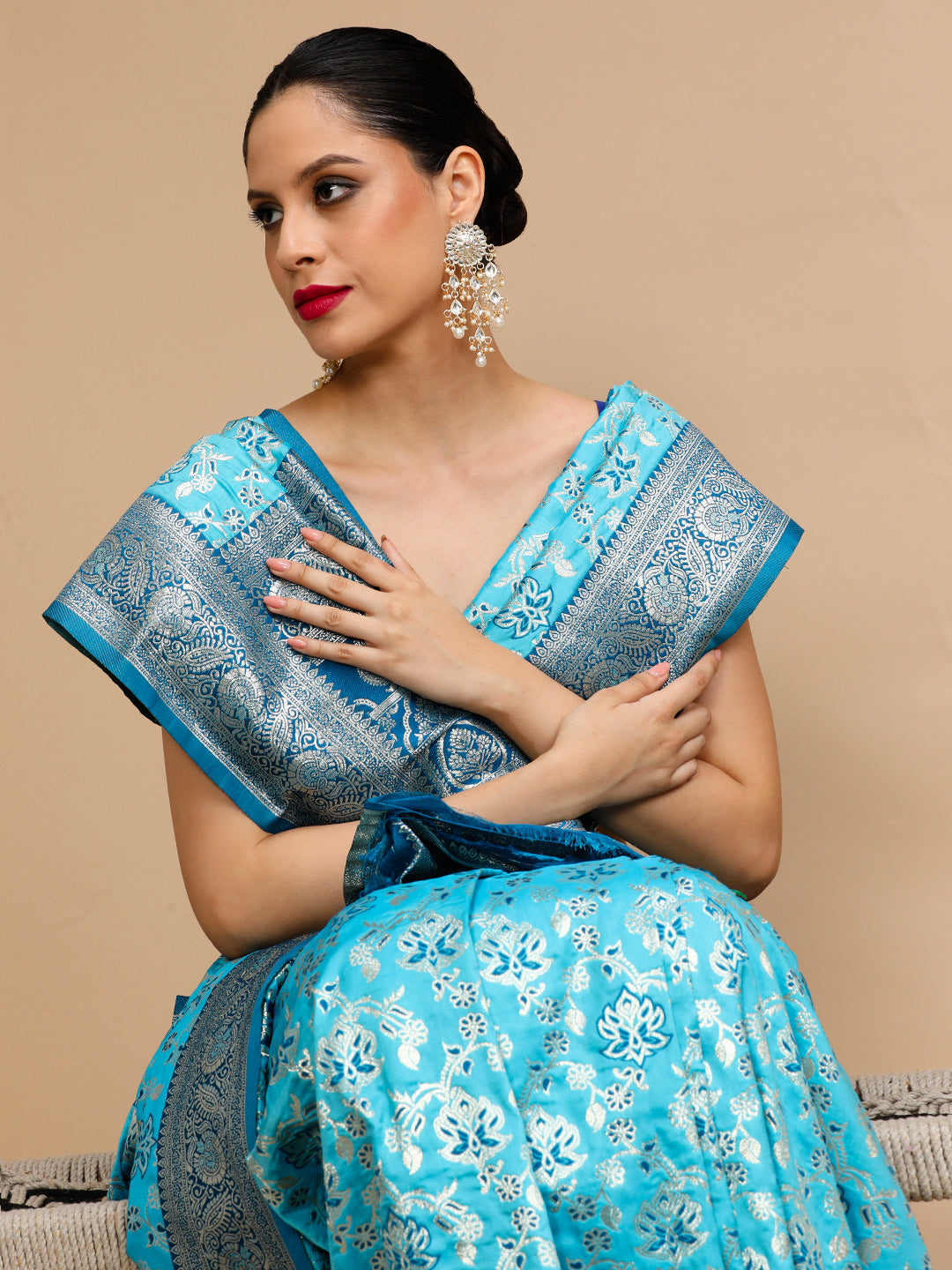 MySilkLove Tiffany Blue Woven Jacquard Lichi Silk Saree