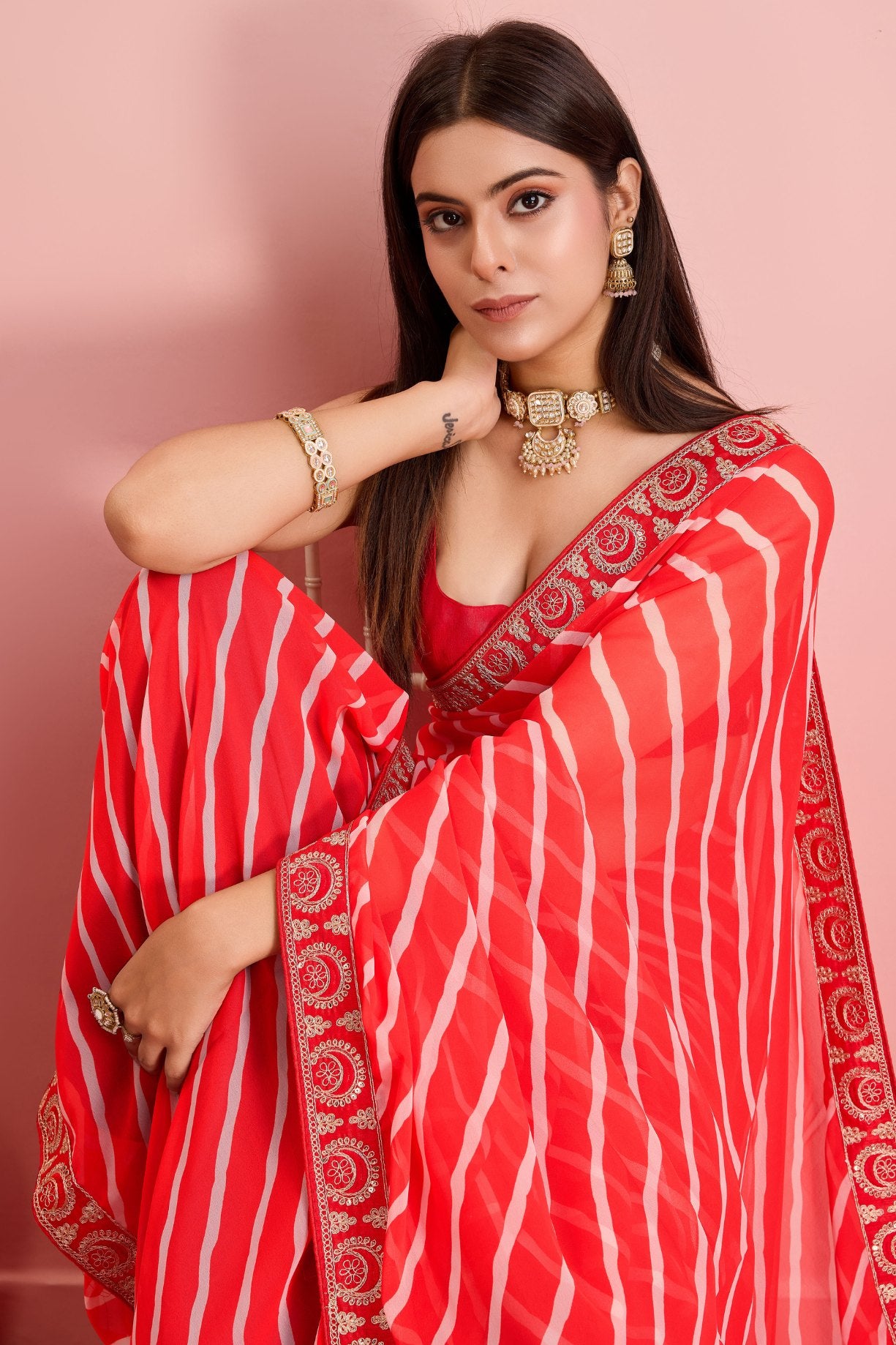 Buy MySilkLove Monza Red Georgette Lehriya Silk saree Online