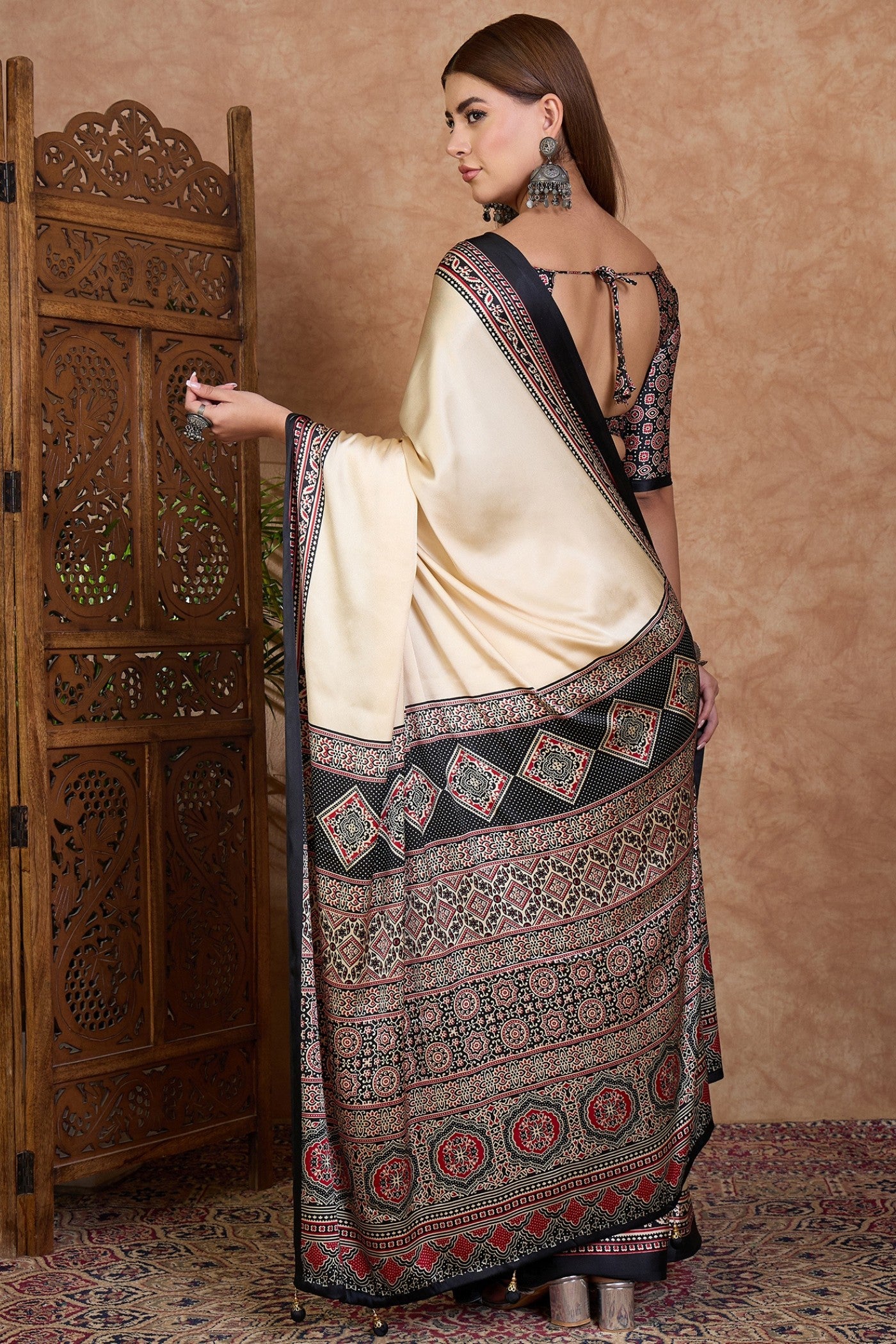 Buy MySilkLove Bavarain Cream Ajrakh Printed Satin Crepe Silk Saree Online