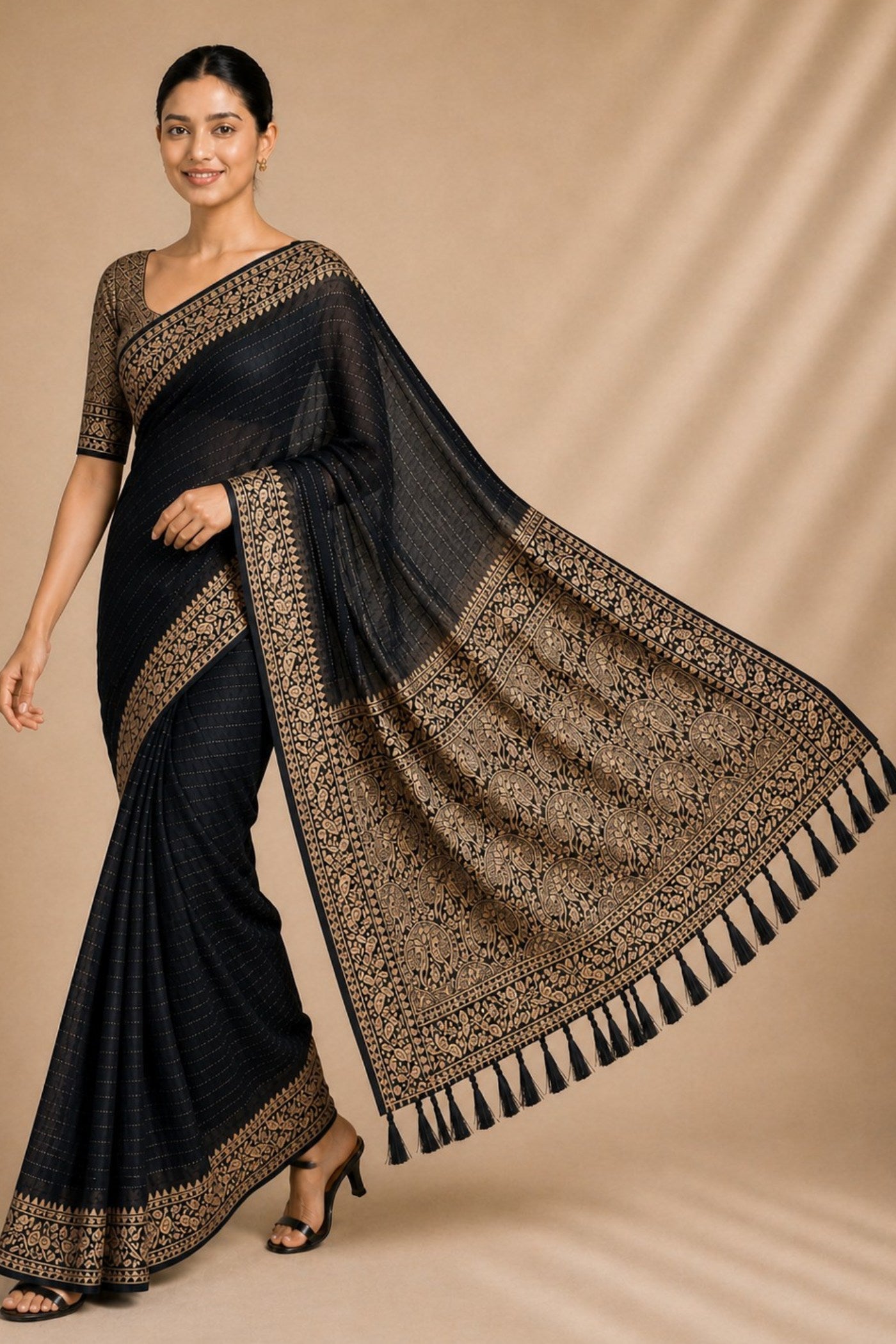 Buy MySilkLove Ebony Black Woven Chiffon Saree Online