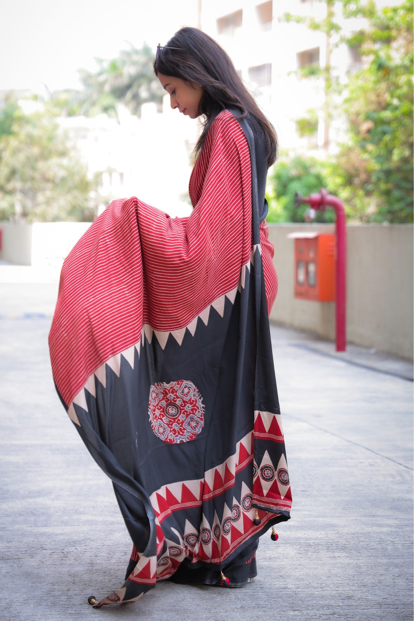 Buy MySilkLove Dark Chestnut Red Ajrakh Printed Satin Crepe Silk Saree Online