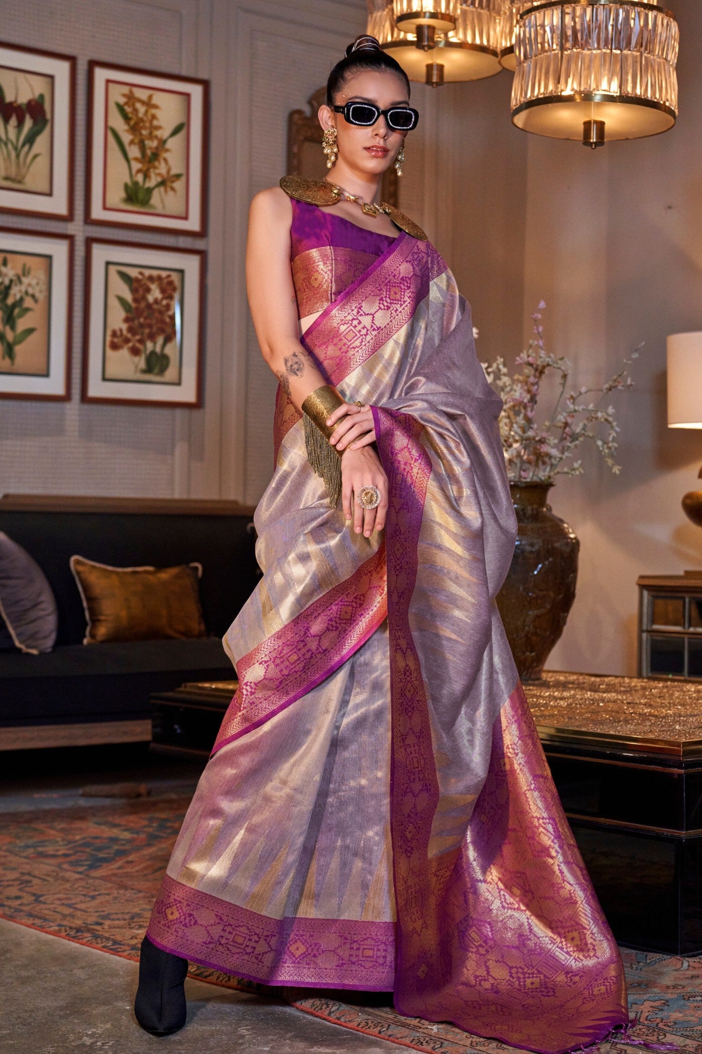 Buy MySilkLove Silver Grey Woven Tissue Silk Saree Online