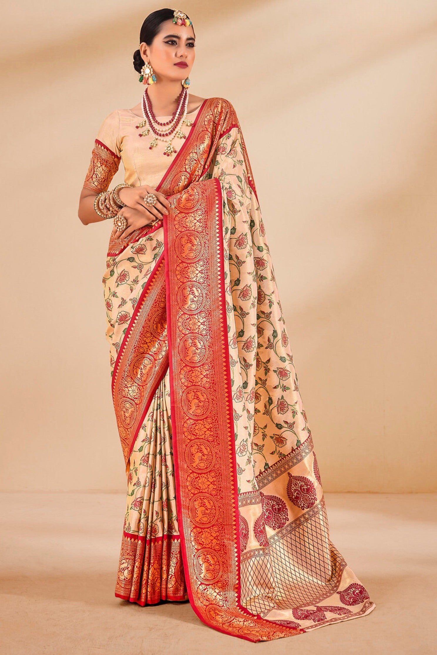 Buy MySilkLove Pancho Cream and Red Zari Woven Banarasi Saree Online