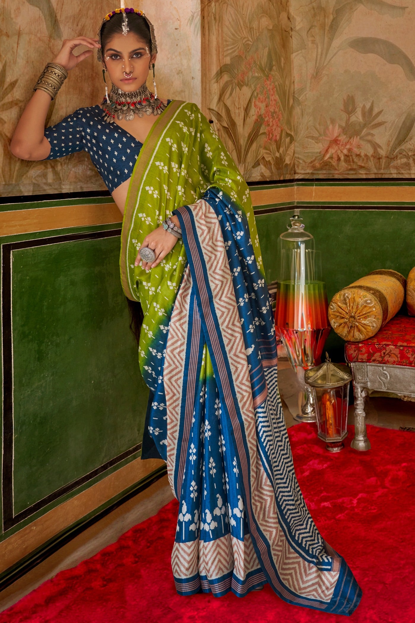 Buy MySilkLove Pine Yellow and Blue Printed Patola Saree Online