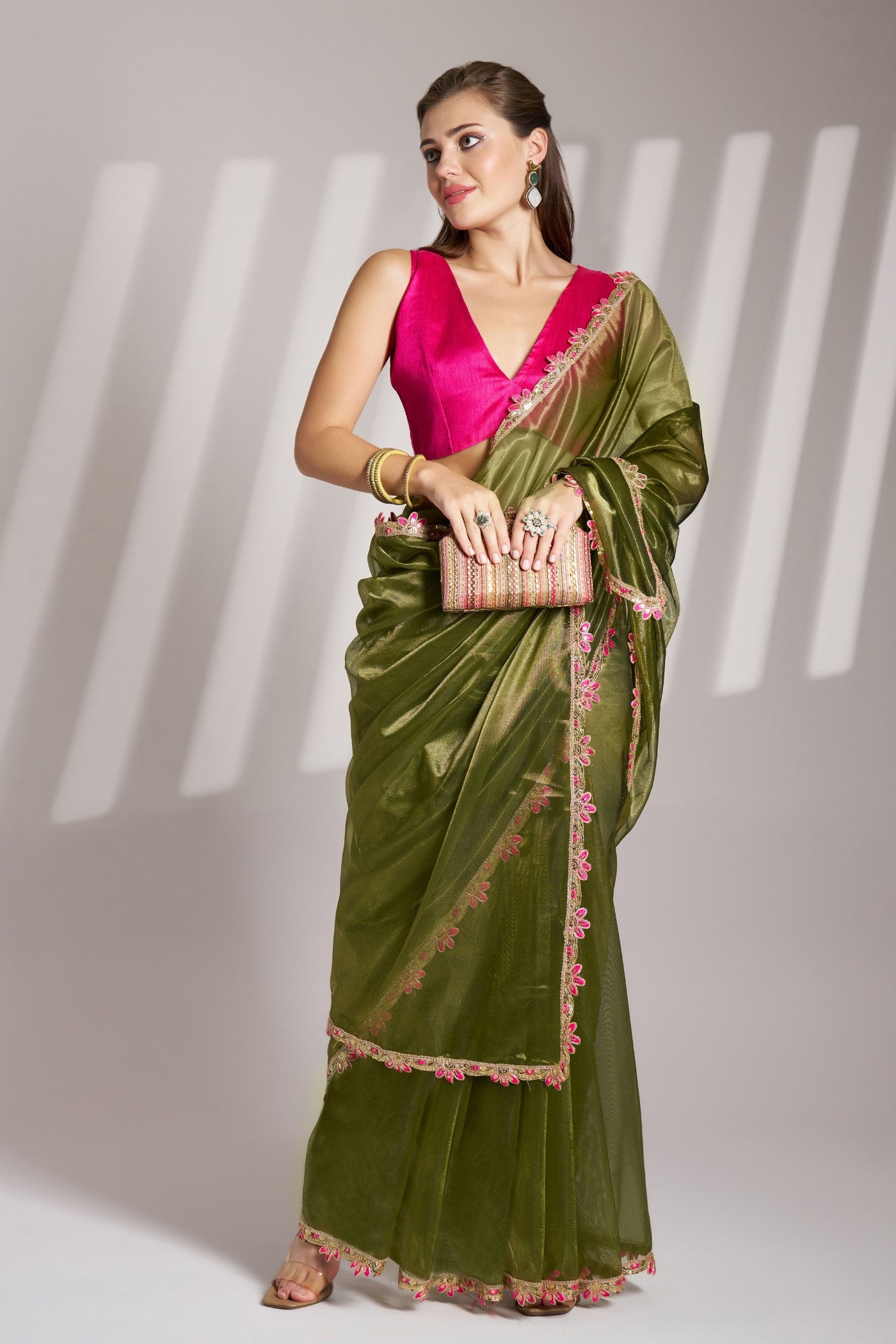 Buy MySilkLove Bronzetone Green Partywear Net Saree Online