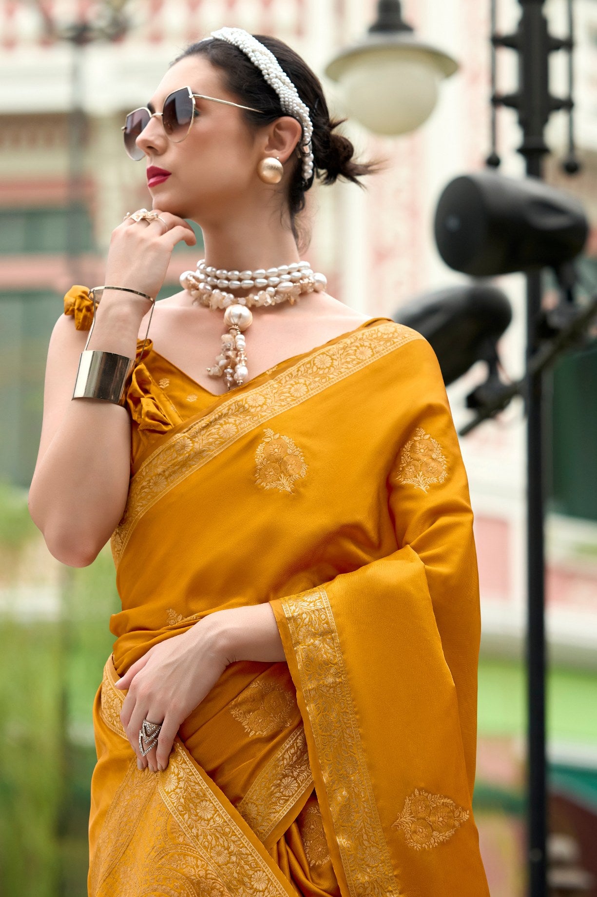 Buy MySilkLove Brandy Punch Yellow Banarasi Handloom Satin Saree Online