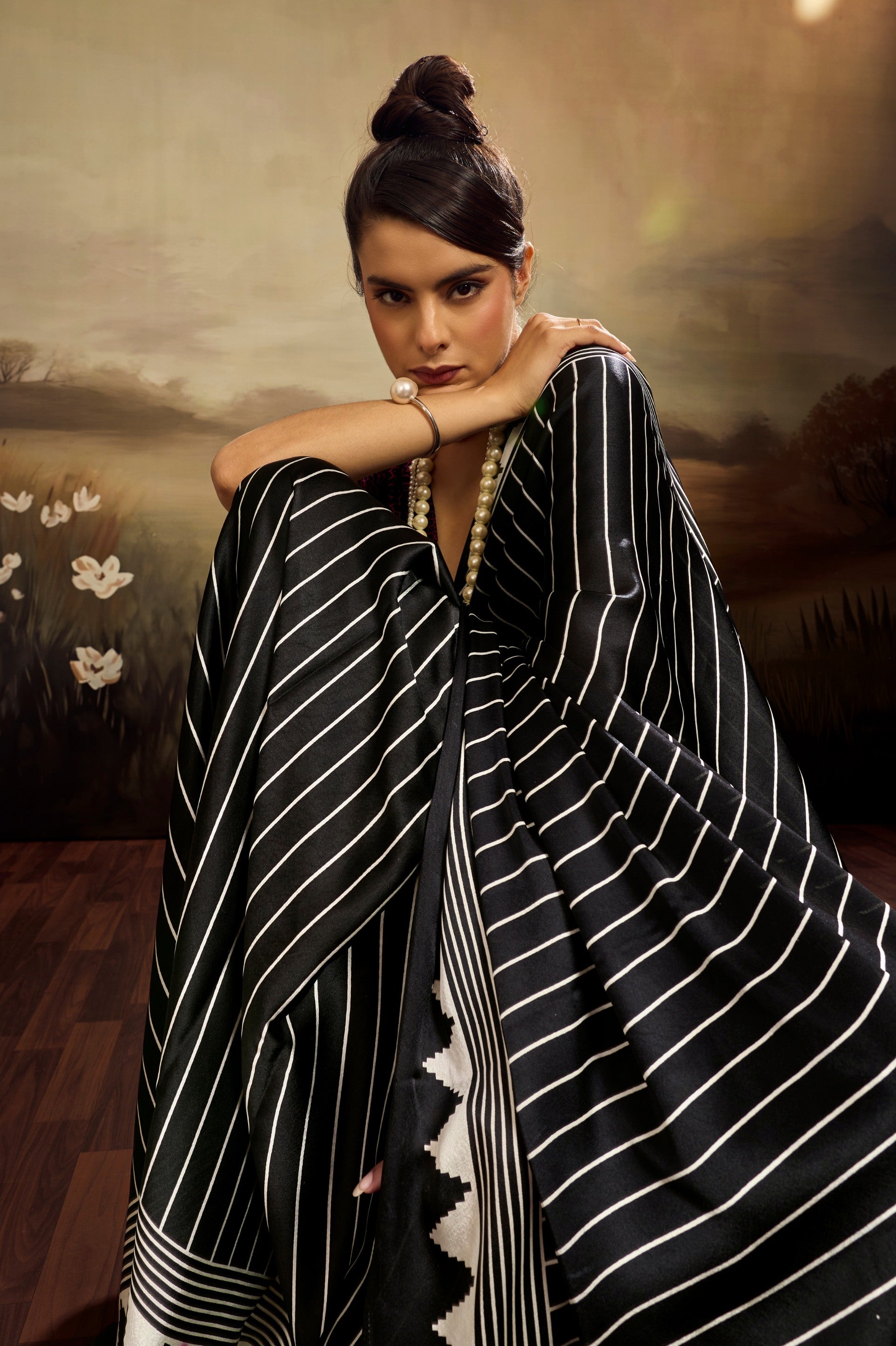 MySilkLove Spectra Black Ajrakh Printed Satin Crepe Silk Saree