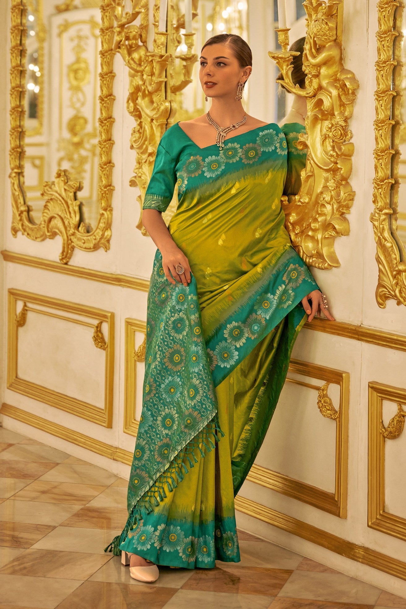 MySilkLove Neon Green Woven Banarasi Saree