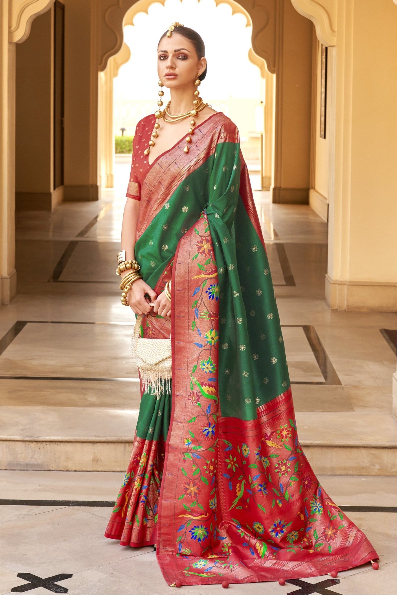 Buy MySilkLove Forewst Green and Red Woven Paithani Designer Saree Online