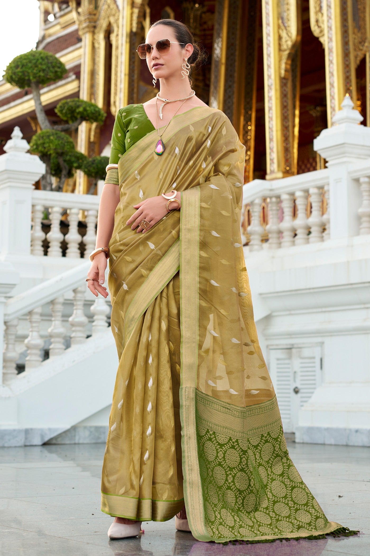 Buy MySilkLove Husk Green Tissue Silk Saree Online