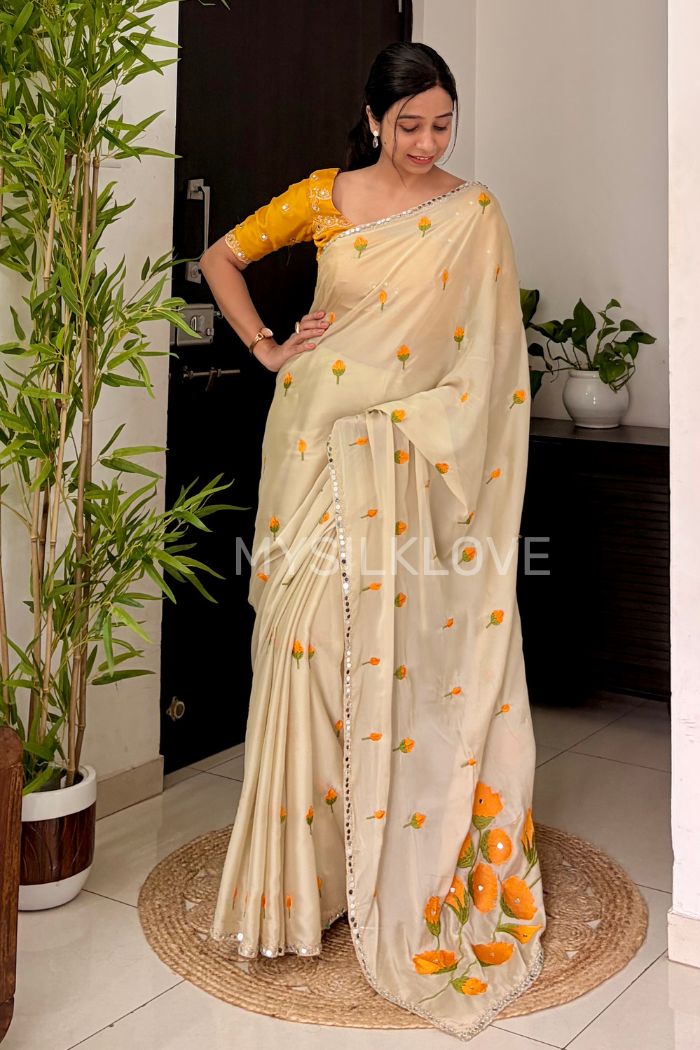 Buy MySilkLove Moonlit Cream and Yellow Embroidery Chiffon Floral Saree with Mirror Work Online