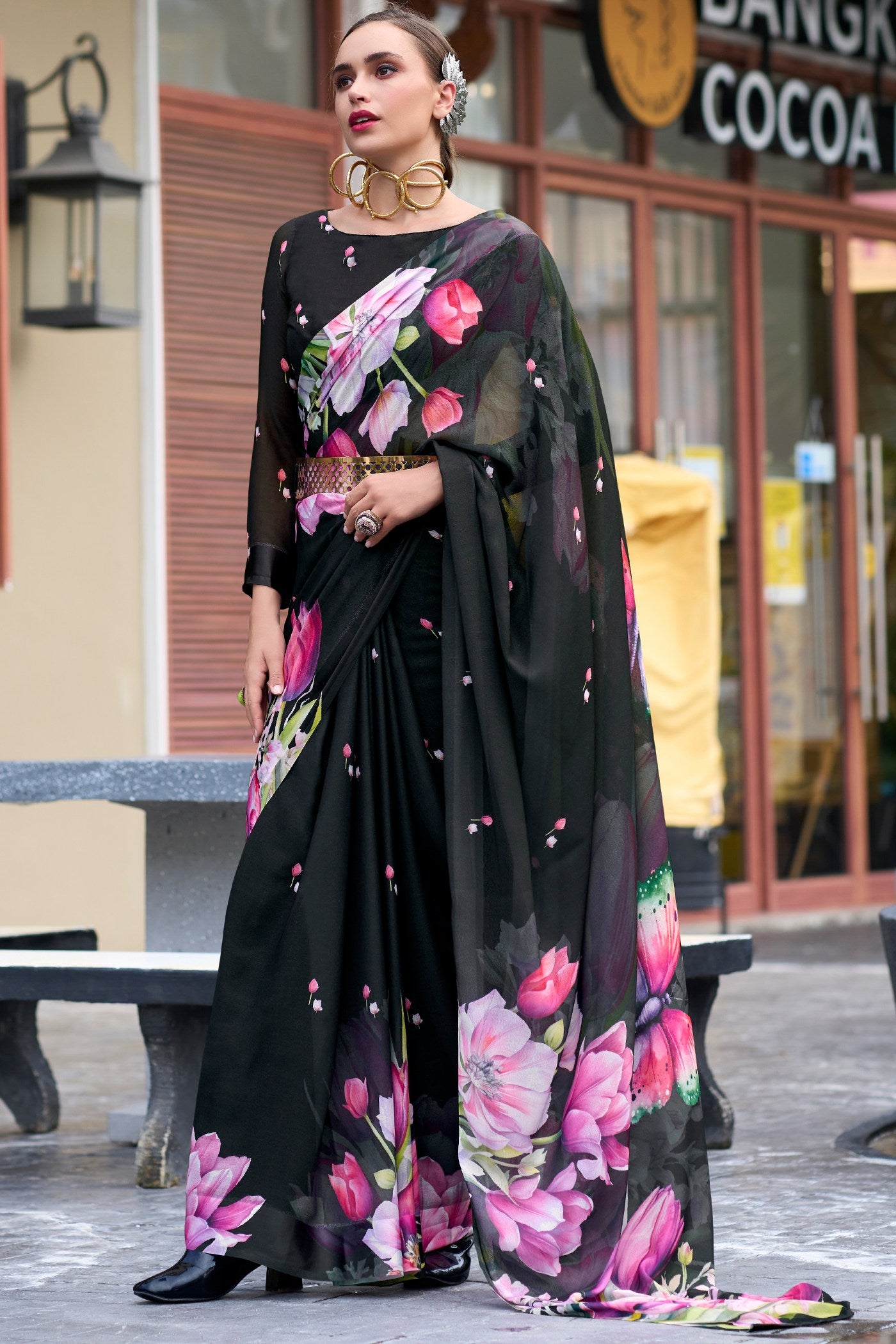 Buy MySilkLove Bunker Black Printed Georgette Saree Online