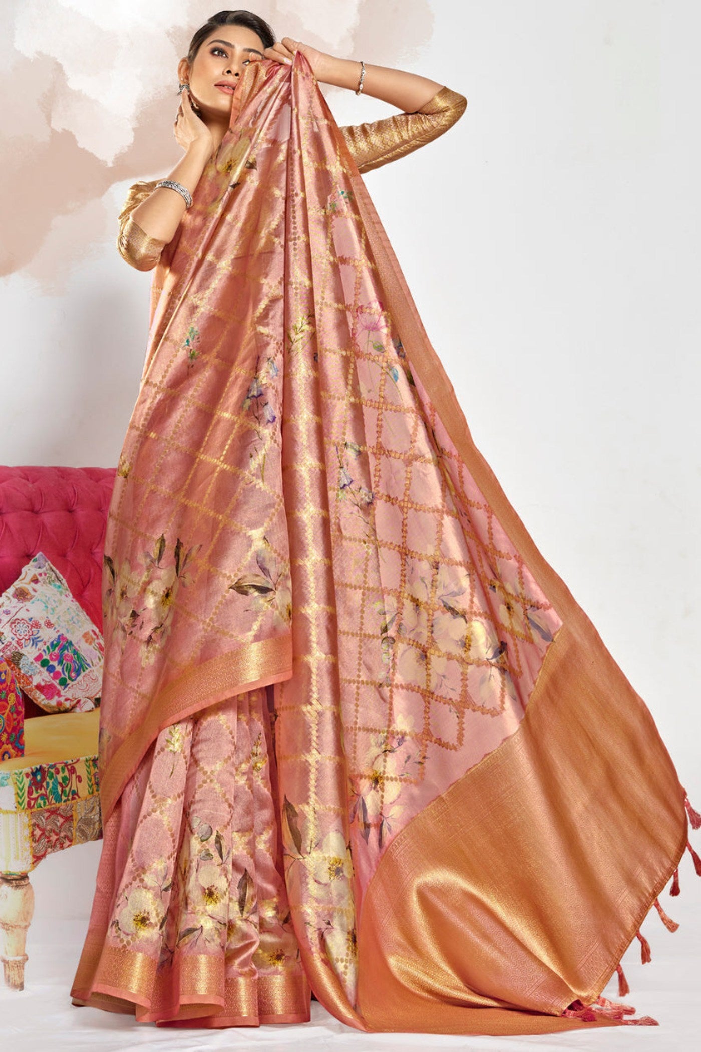 Buy MySilkLove Plum Peach Digital Printed Banarasi Saree Online