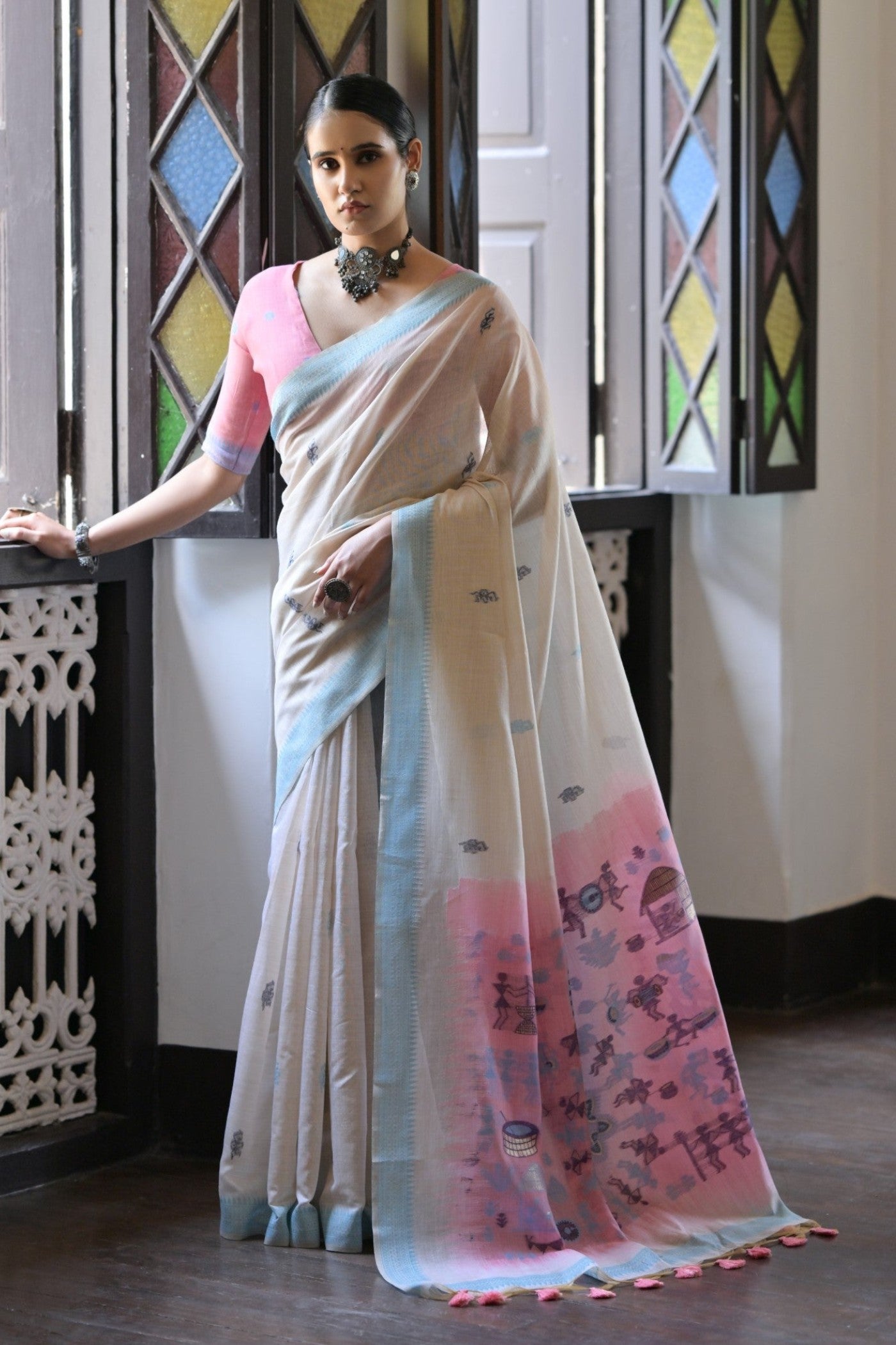 Buy MySilkLove Shell White and Pink Muga Cotton Saree Online