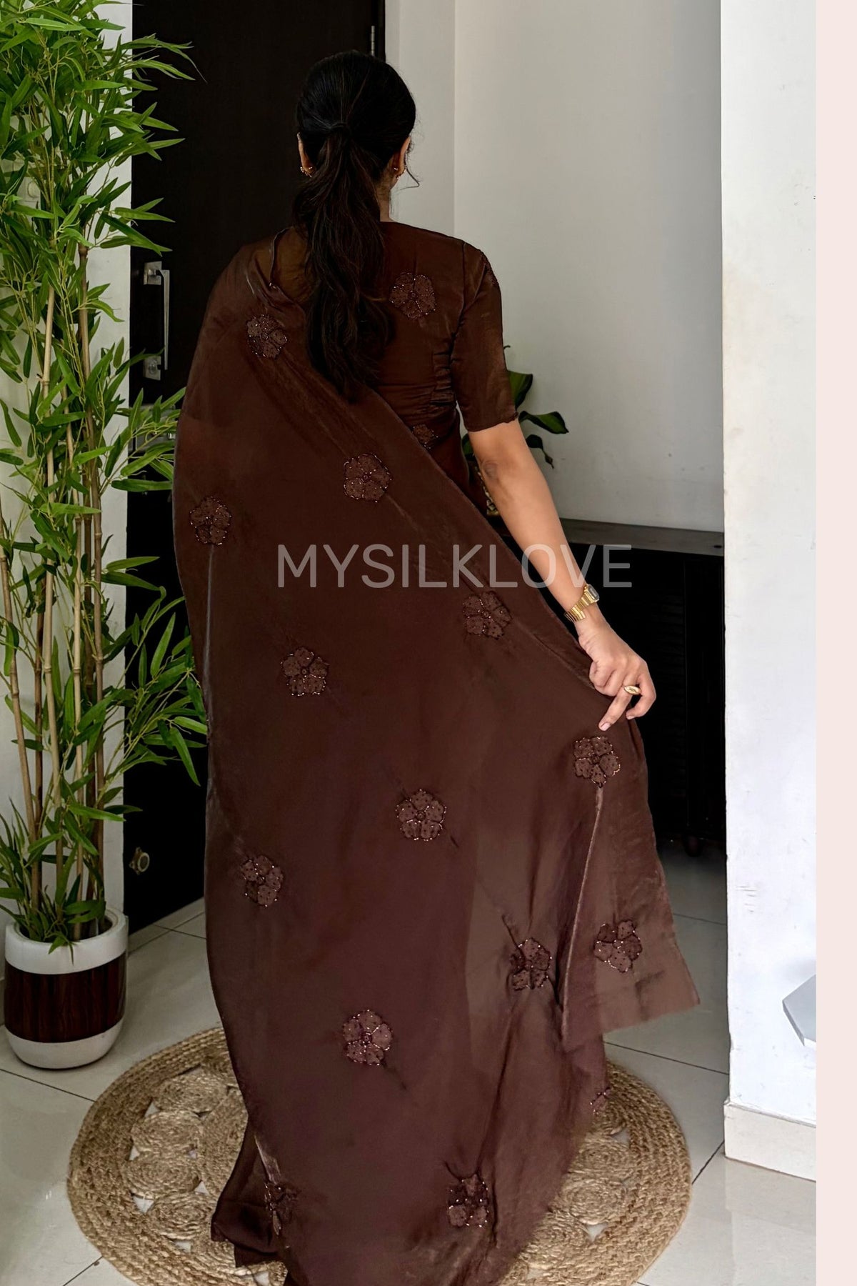 Buy MySilkLove Chocolate Brown Designer Sequin Embroidery Work Saree Without Blouse Online