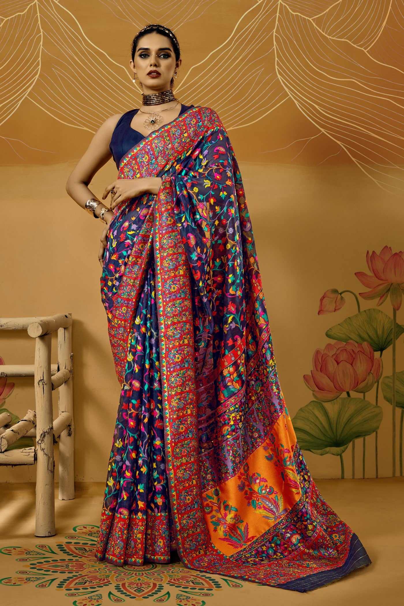 Buy MySilkLove Brandeis Blue Kashmiri Handloom Jamewar Saree Online