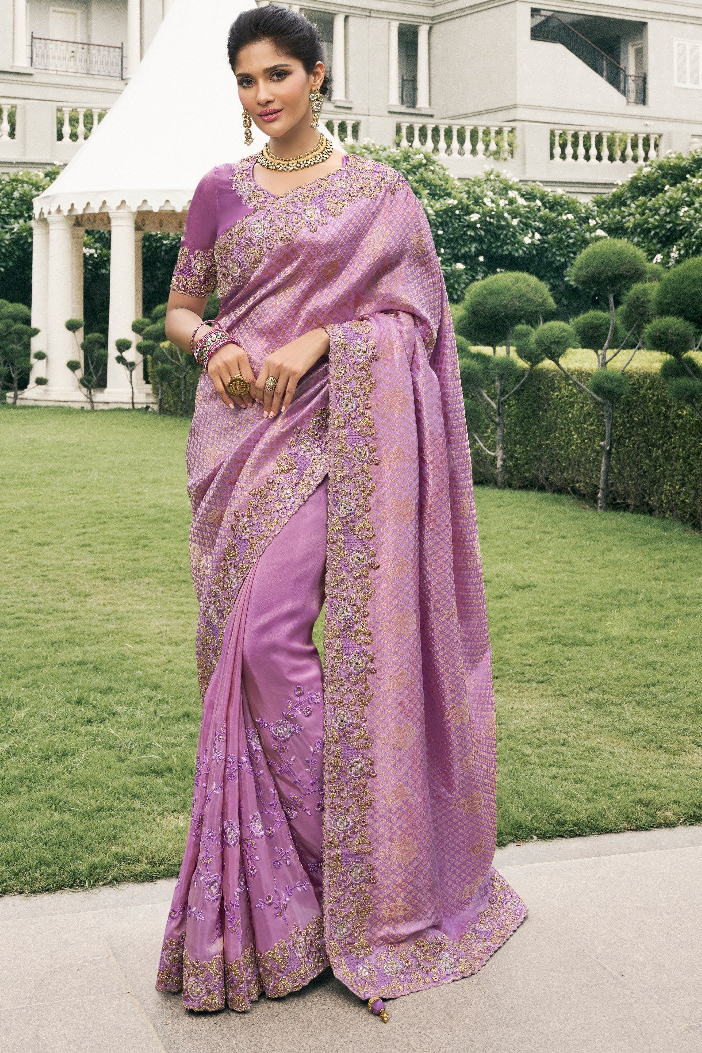 Buy MySilkLove Viola Pink Banarasi Designer Embroidered Saree Online