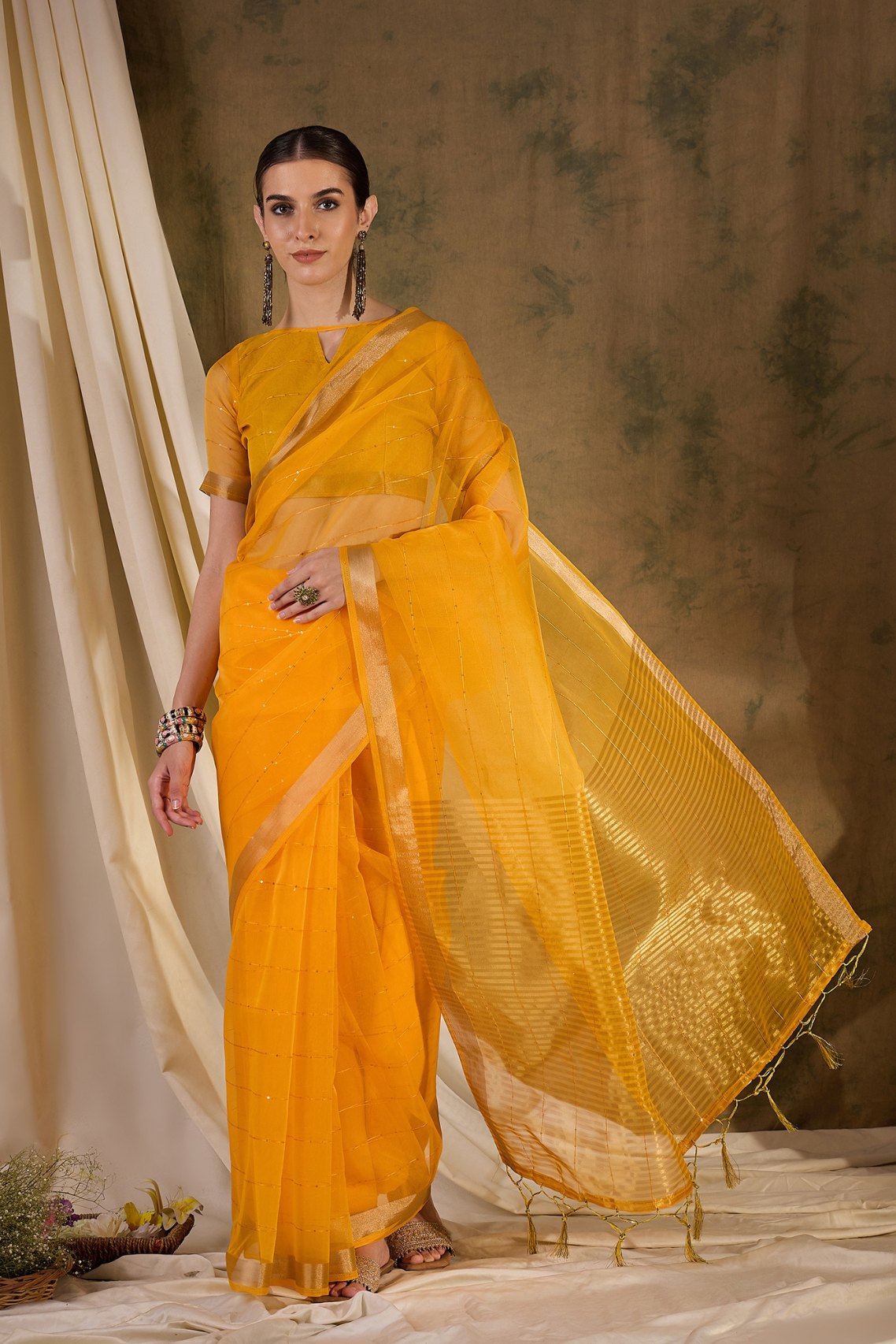 Buy MySilkLove Tulip Yellow Woven Organza Saree Online