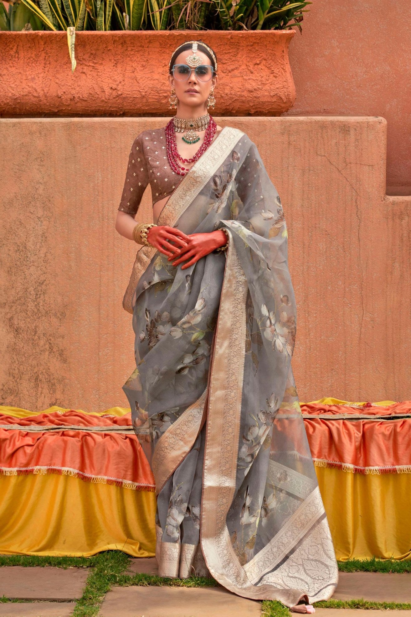 Buy MySilkLove Sandstone Grey Zari Woven Organza Saree Online