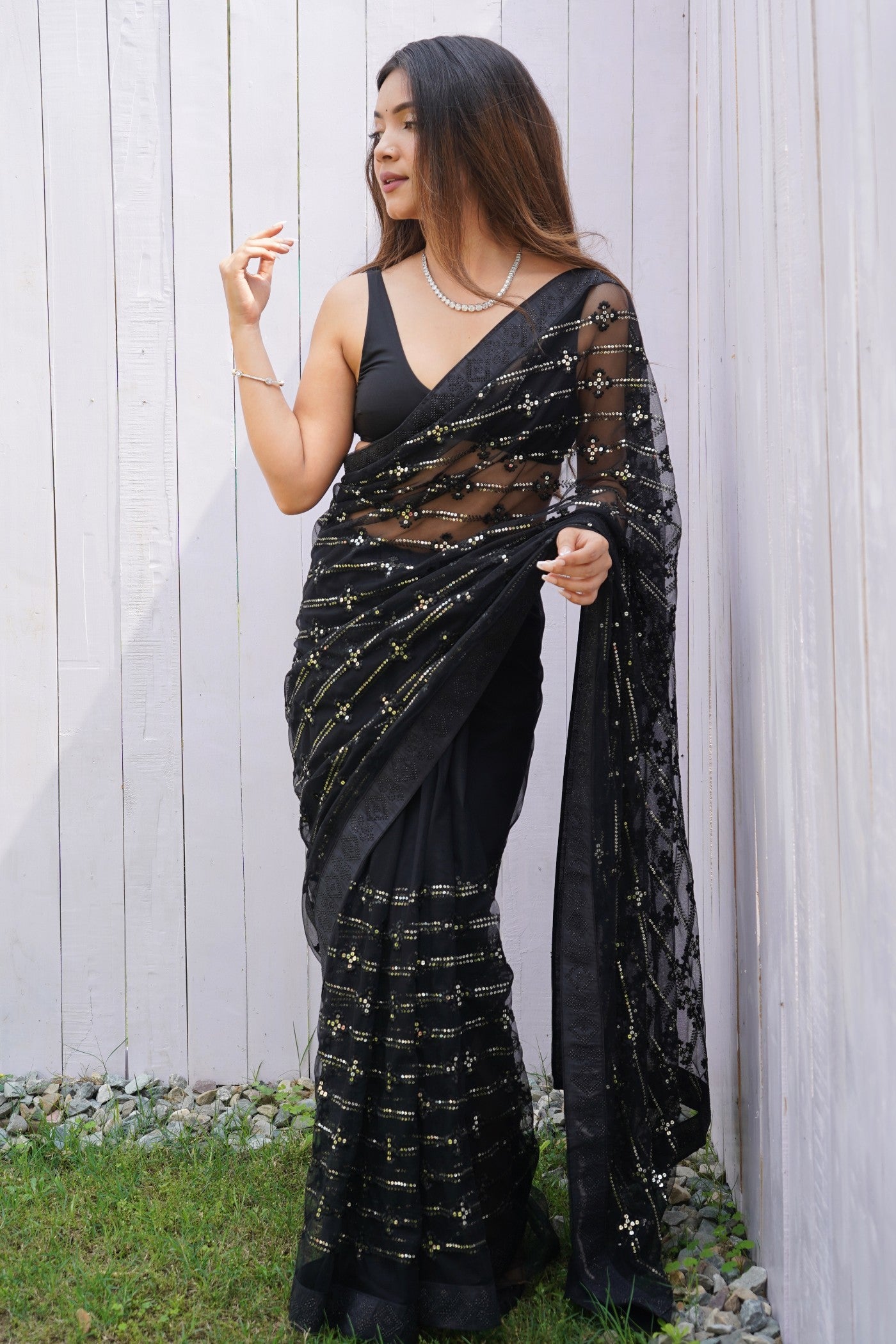 Buy MySilkLove Soot Black Embroidered Partywear Saree Online