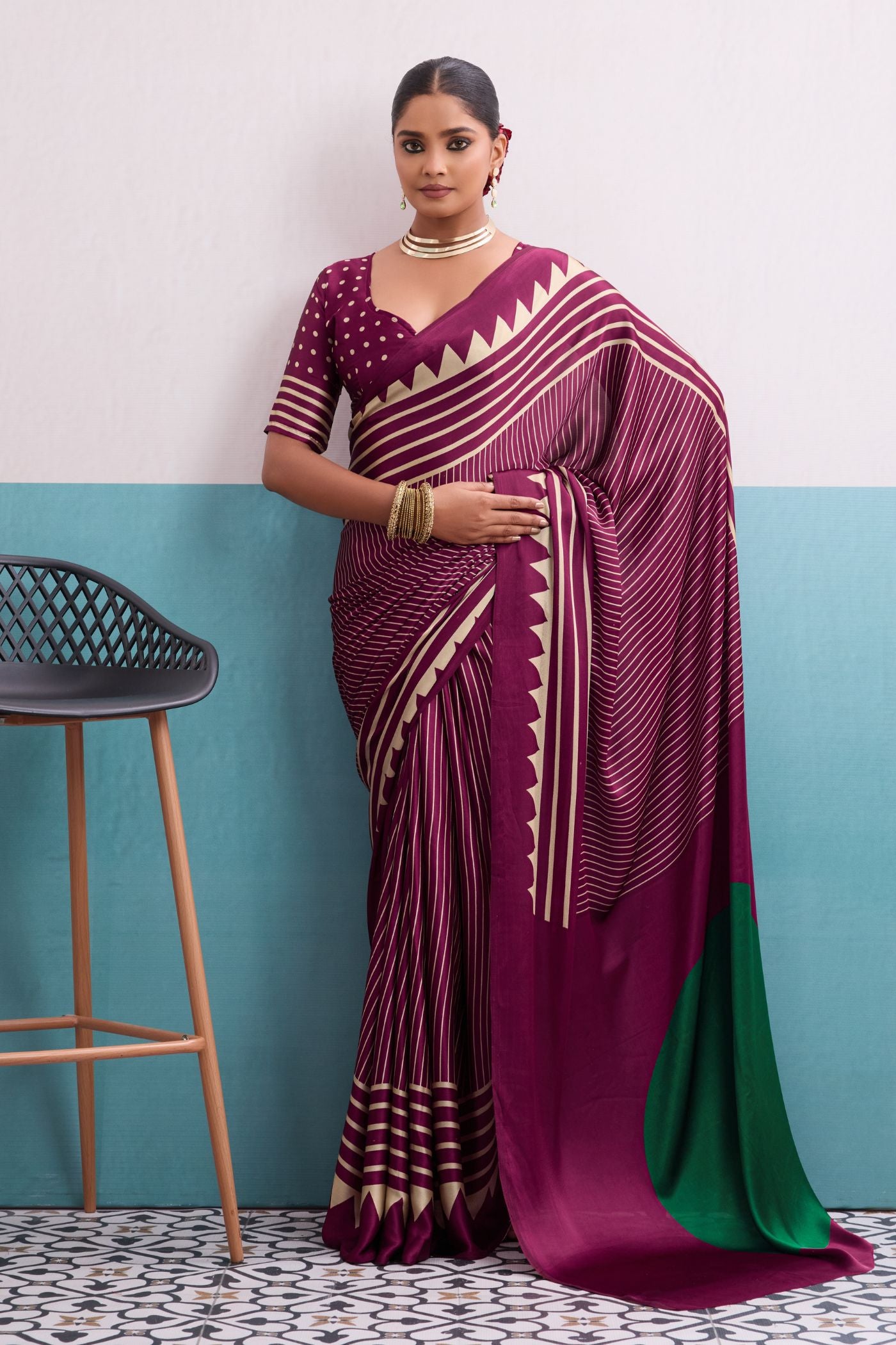 Buy MySilkLove Mulberry Purple Stripe Ajrakh Printed Satin Crepe Silk Saree Online