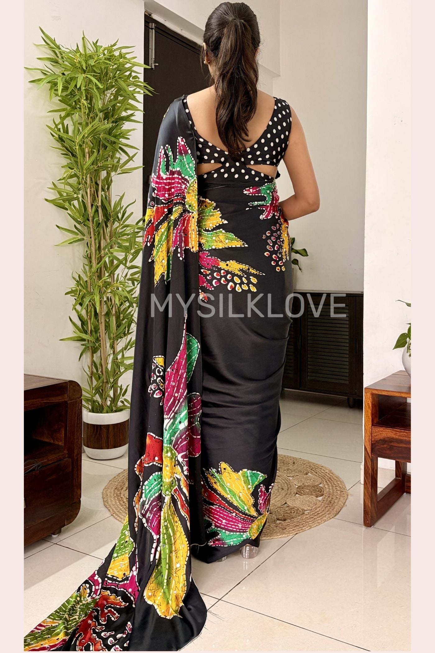 Buy MySilkLove Stone Black Bloom Floral Partywear Satin Silk Saree Without Blouse Online