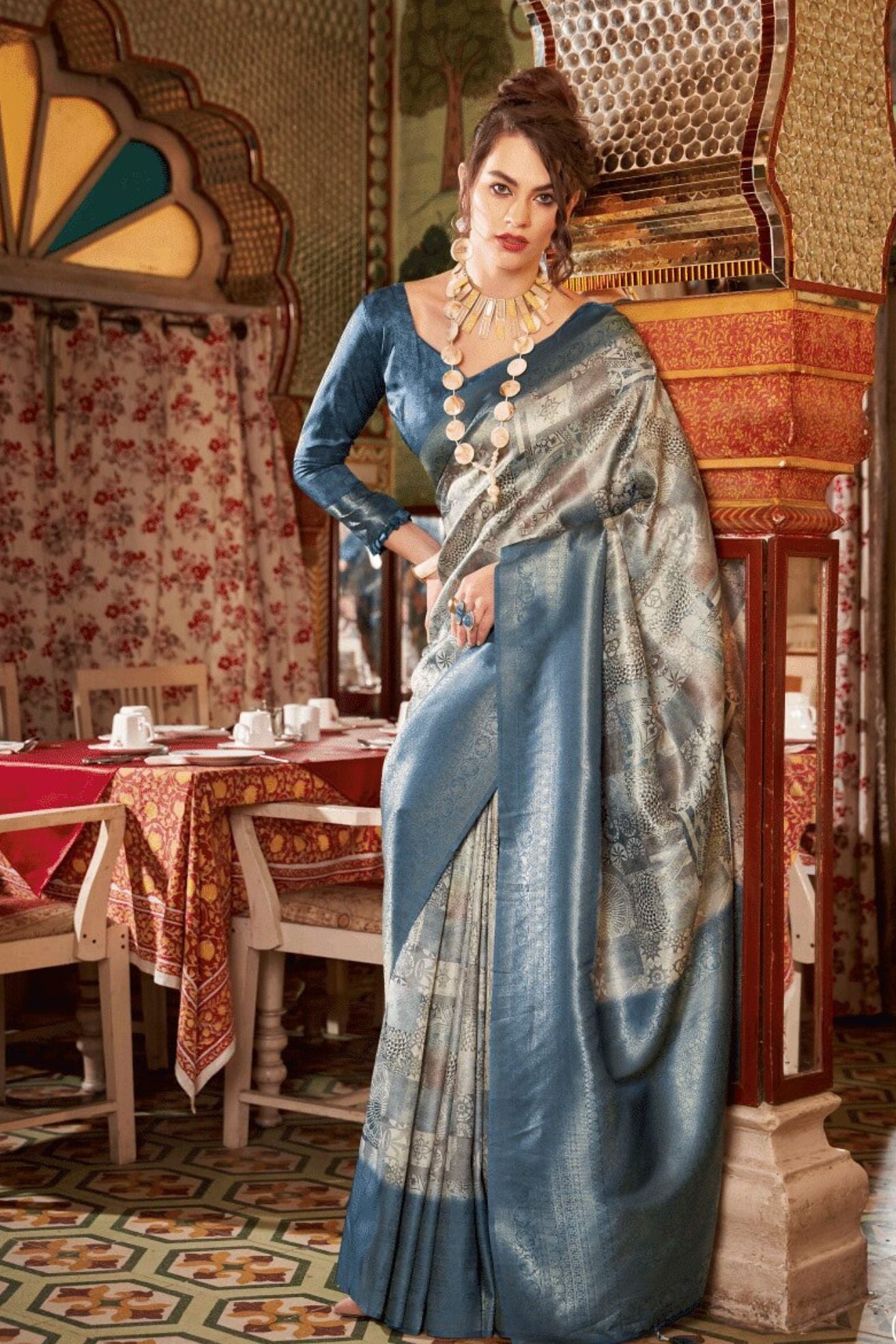 Buy MySilkLove Pablo Grey Banarasi Digital Printed Saree Online