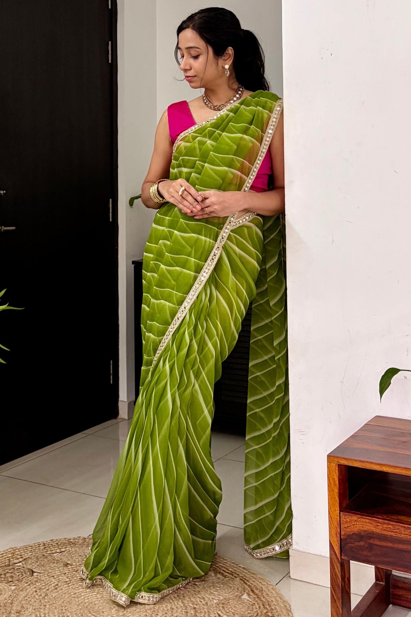 Buy MySilkLove Grass Green Designer Georgette Sraee Online