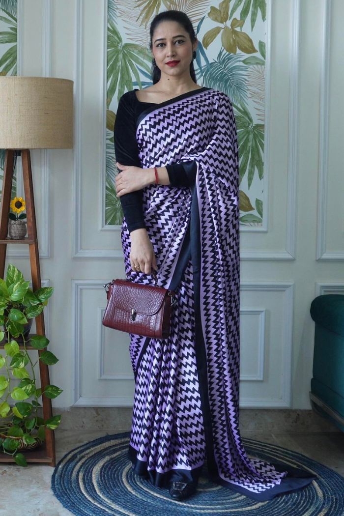 Buy MySilkLove Lilac Purple Printed Satin Crepe Silk Saree Online