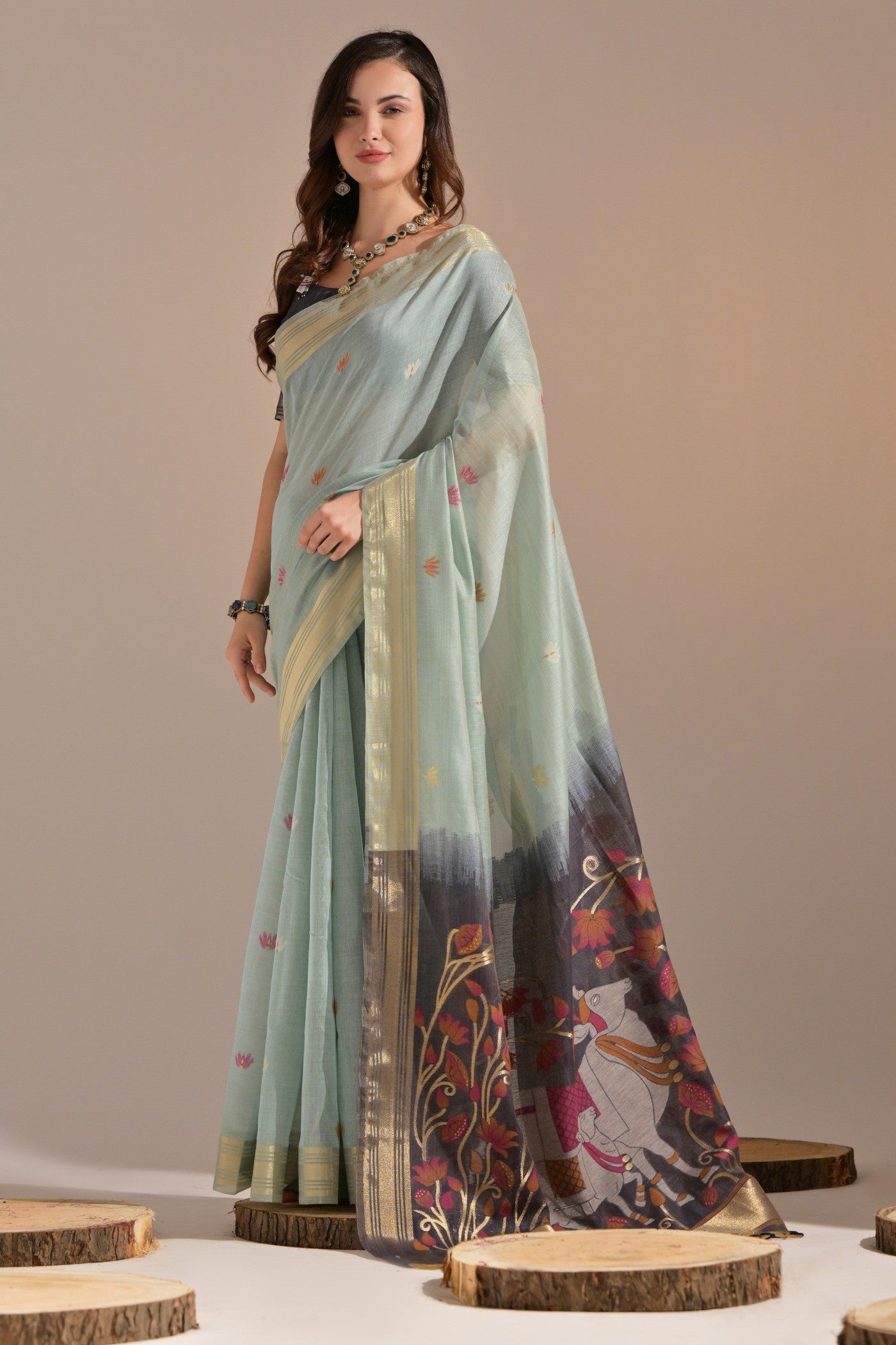 Buy MySilkLove Neptune Blue Woven Muga Cotton Saree Online