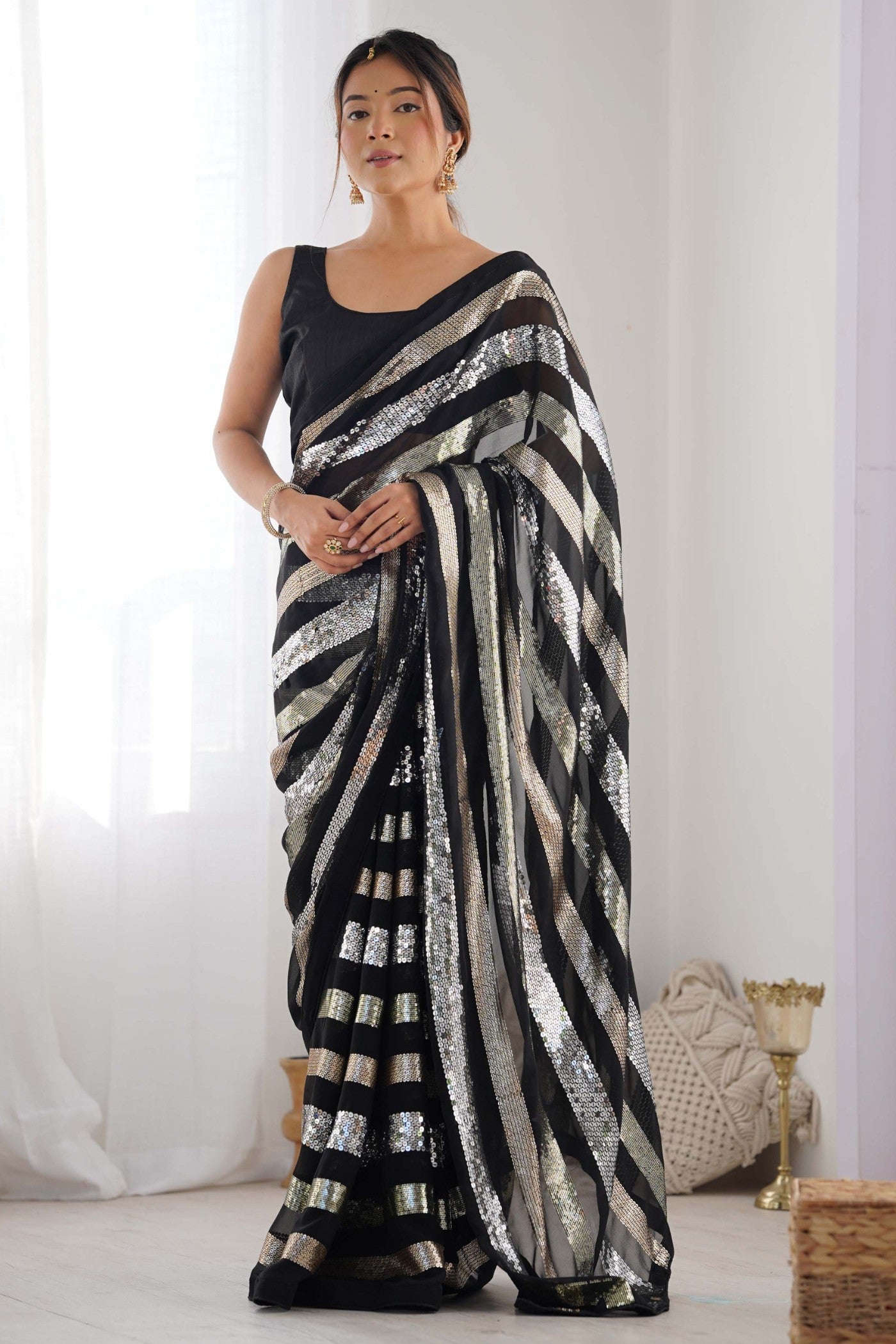 Buy MySilkLove Stone Black Georgette Partywear Saree Online