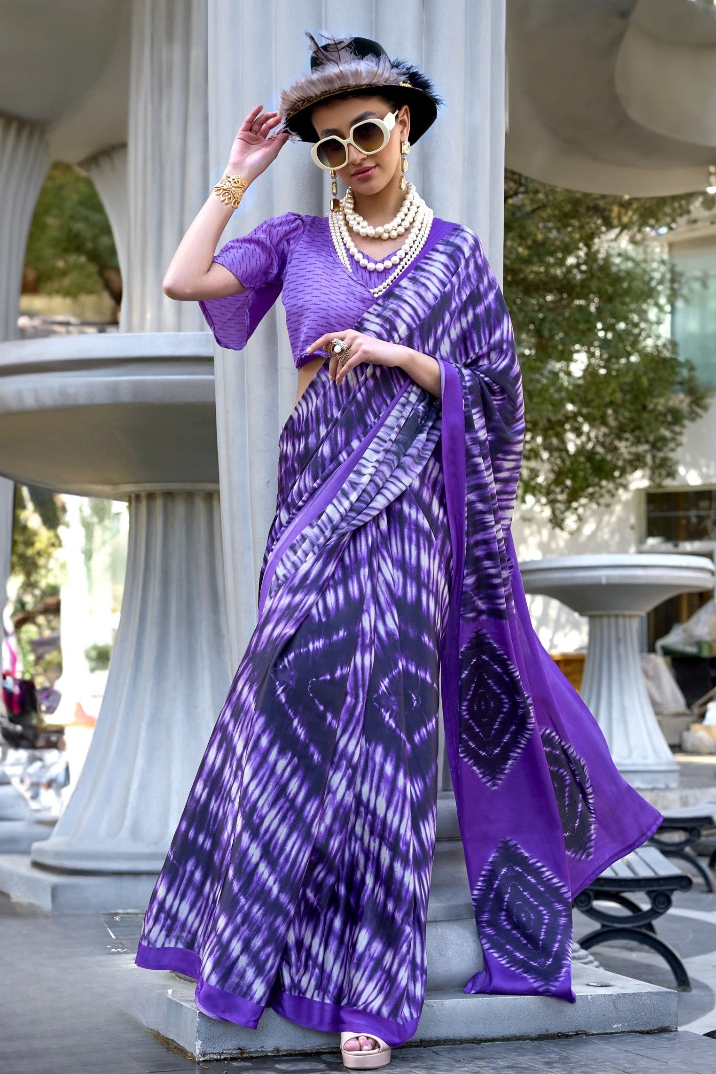 Buy MySilkLove Ube Purple Printed Satin Crepe Silk Saree Online