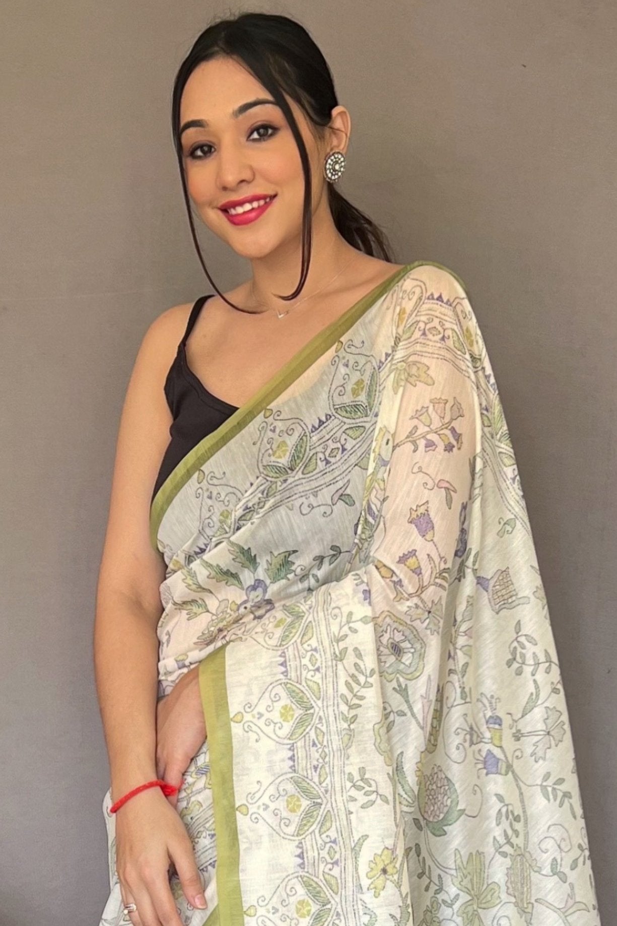 Buy MySilkLove Pista Green and White Printed Cotton Saree Online