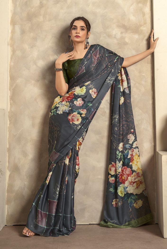 Buy MySilkLove Iron Ore Black Printed Satin Silk Saree Online