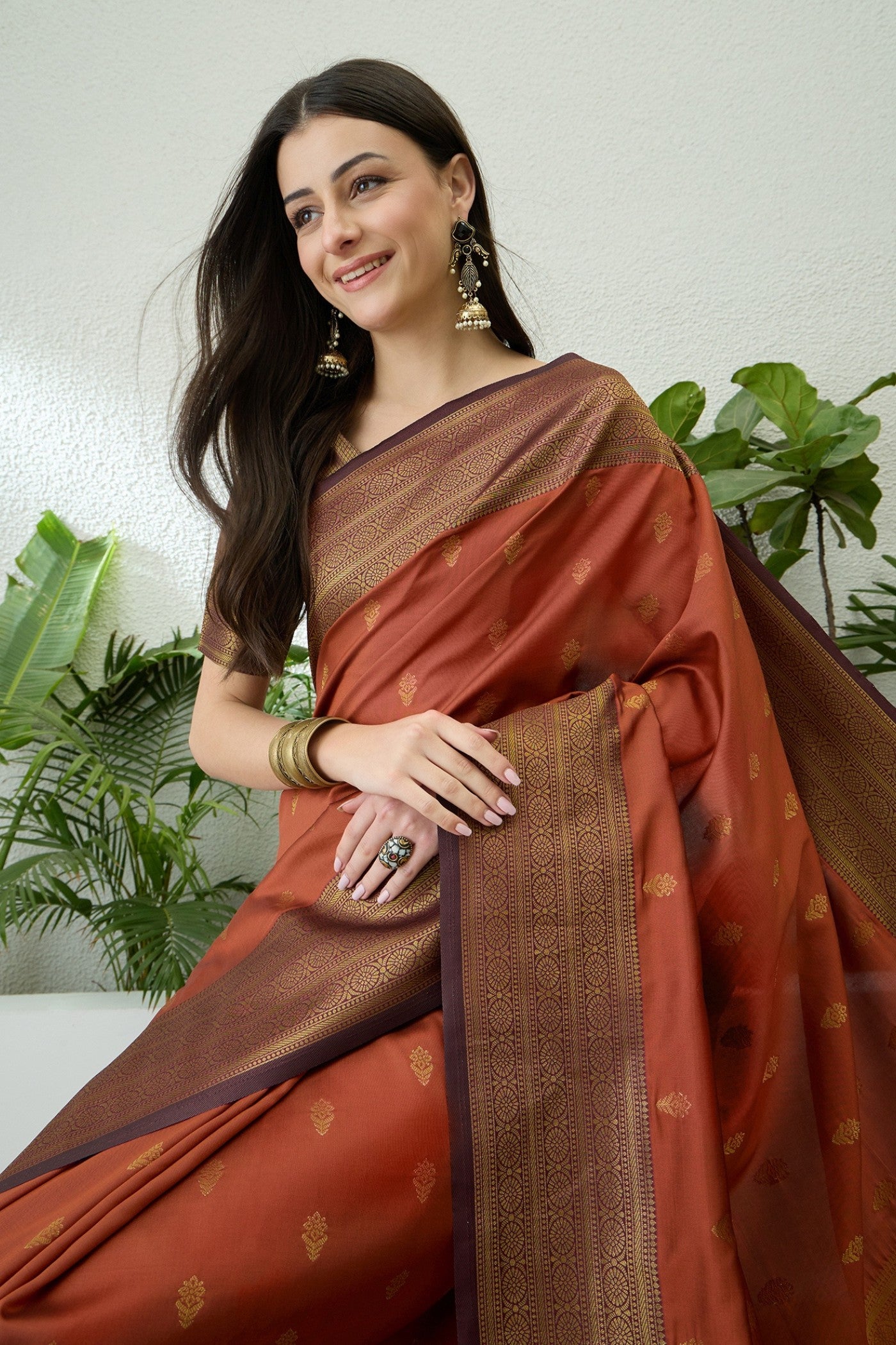 Buy MySilkLove Chestnut Brown Banarasi Woven Soft Silk Saree Online