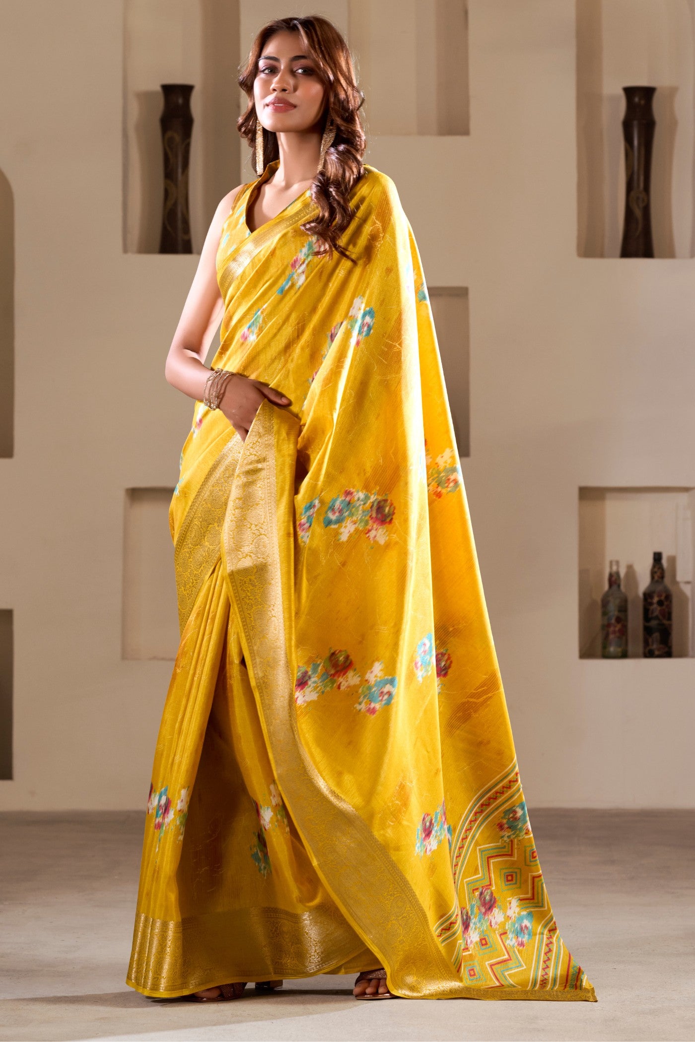 Buy MySilkLove Gulberg Yellow Printed Soft Dola Silk Saree Online