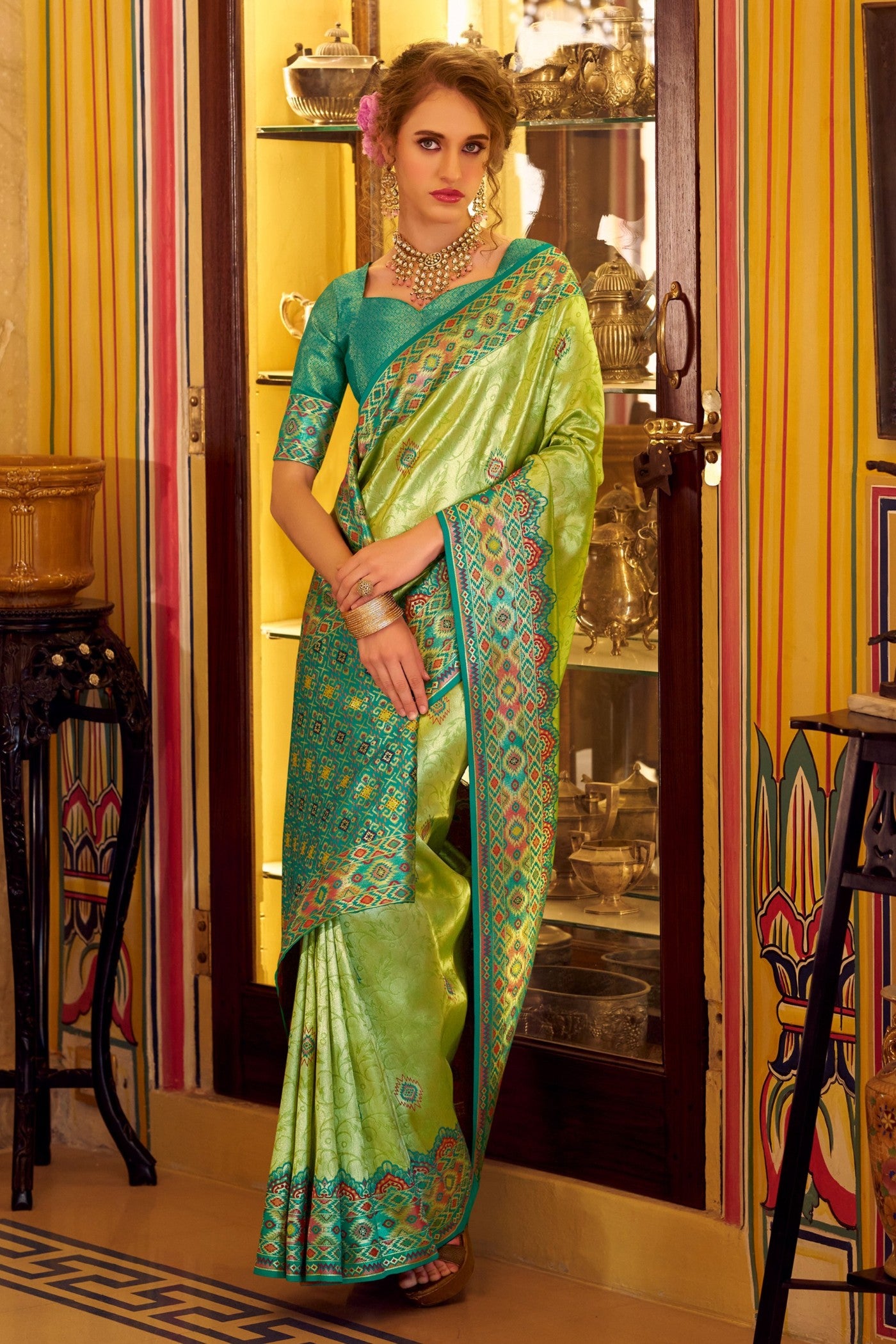 Buy MySilkLove Celedon Green Woven Tissue Patola Silk Saree Online