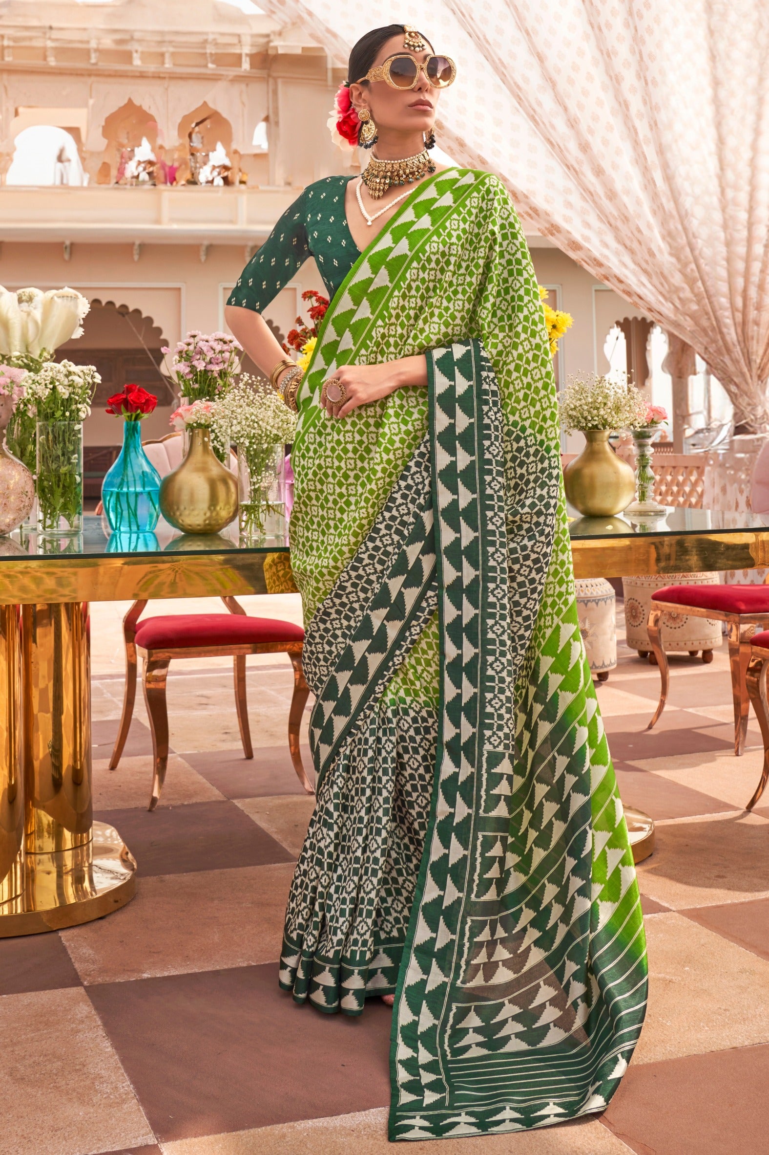 Buy MySilkLove Lime Olive Green Printed Patola Saree Online