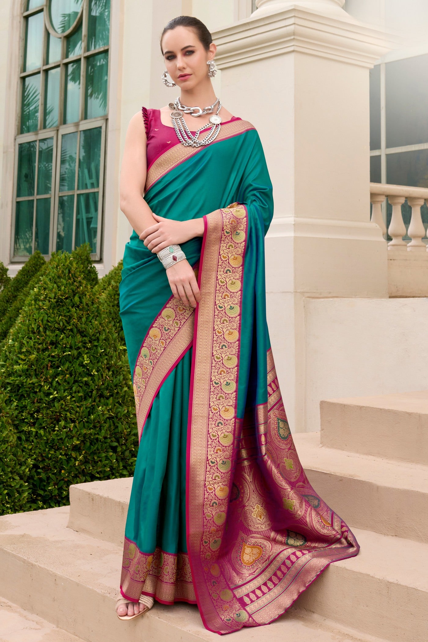 Buy MySilkLove Sea Blue Woven Banarasi Soft Silk Saree Online