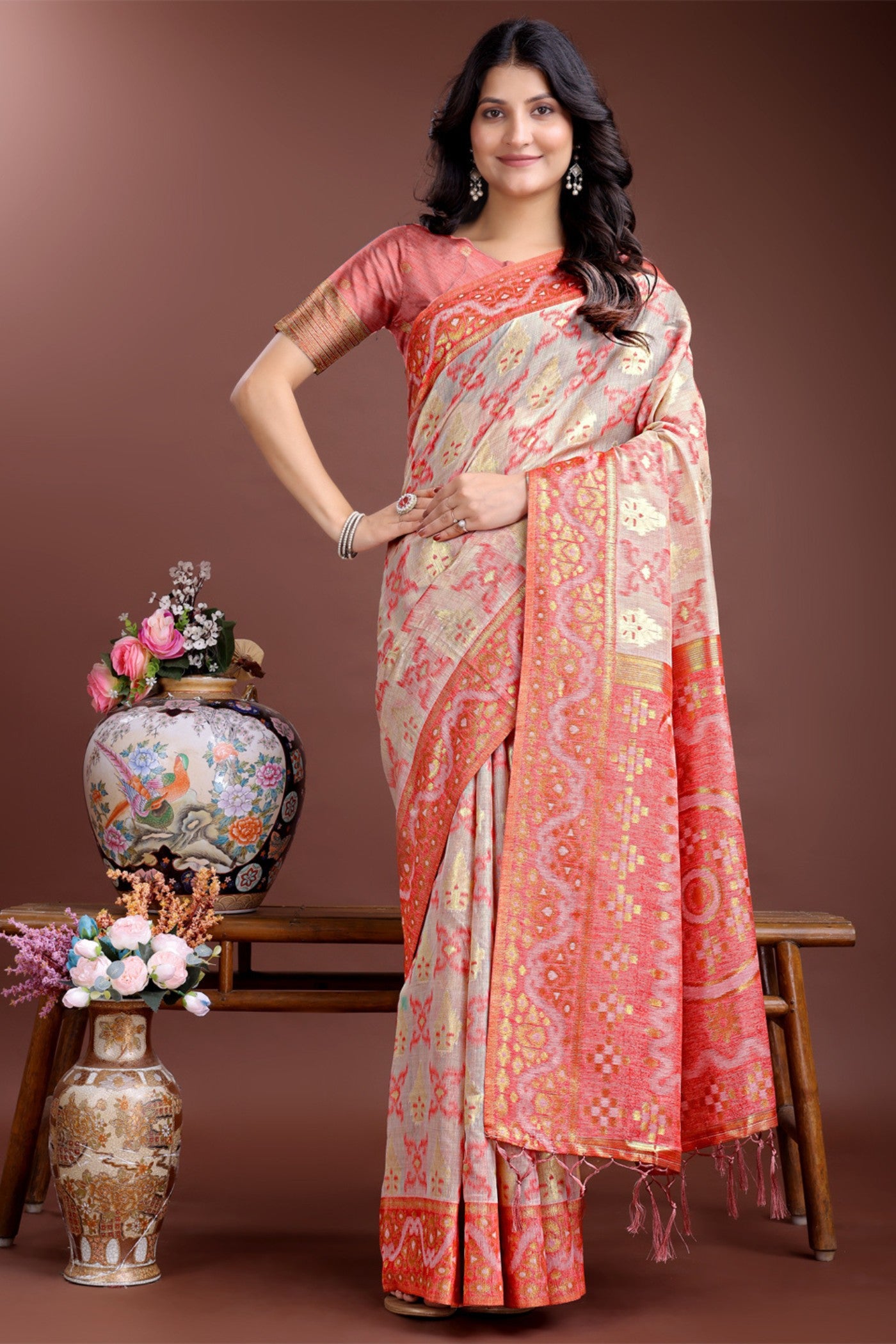 Buy MySilkLove Coral Peach Linen Cotton Saree Online