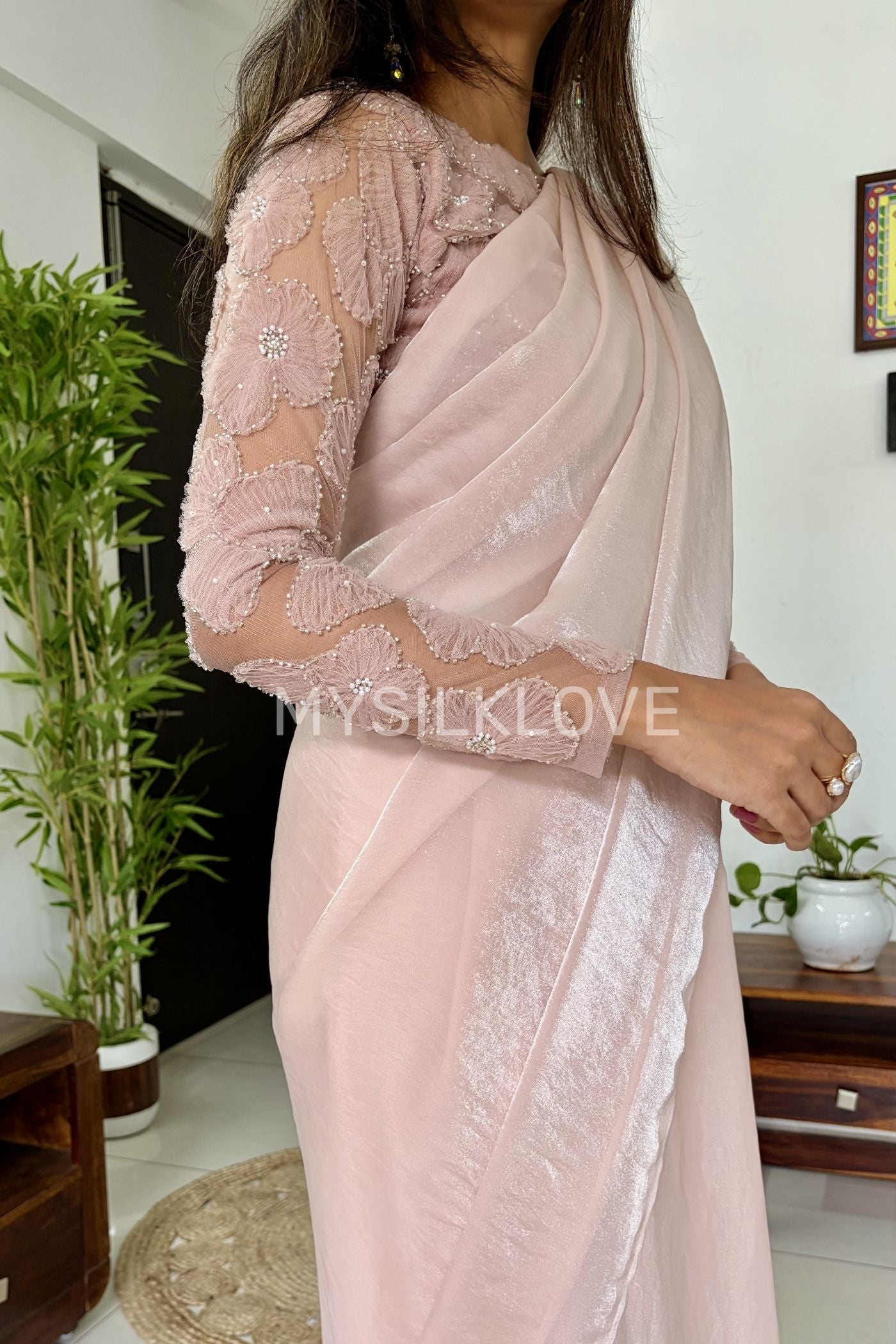 Buy MySilkLove Shine Pink Designer Partywear Saree with Floral Blouse Without Blouse Online