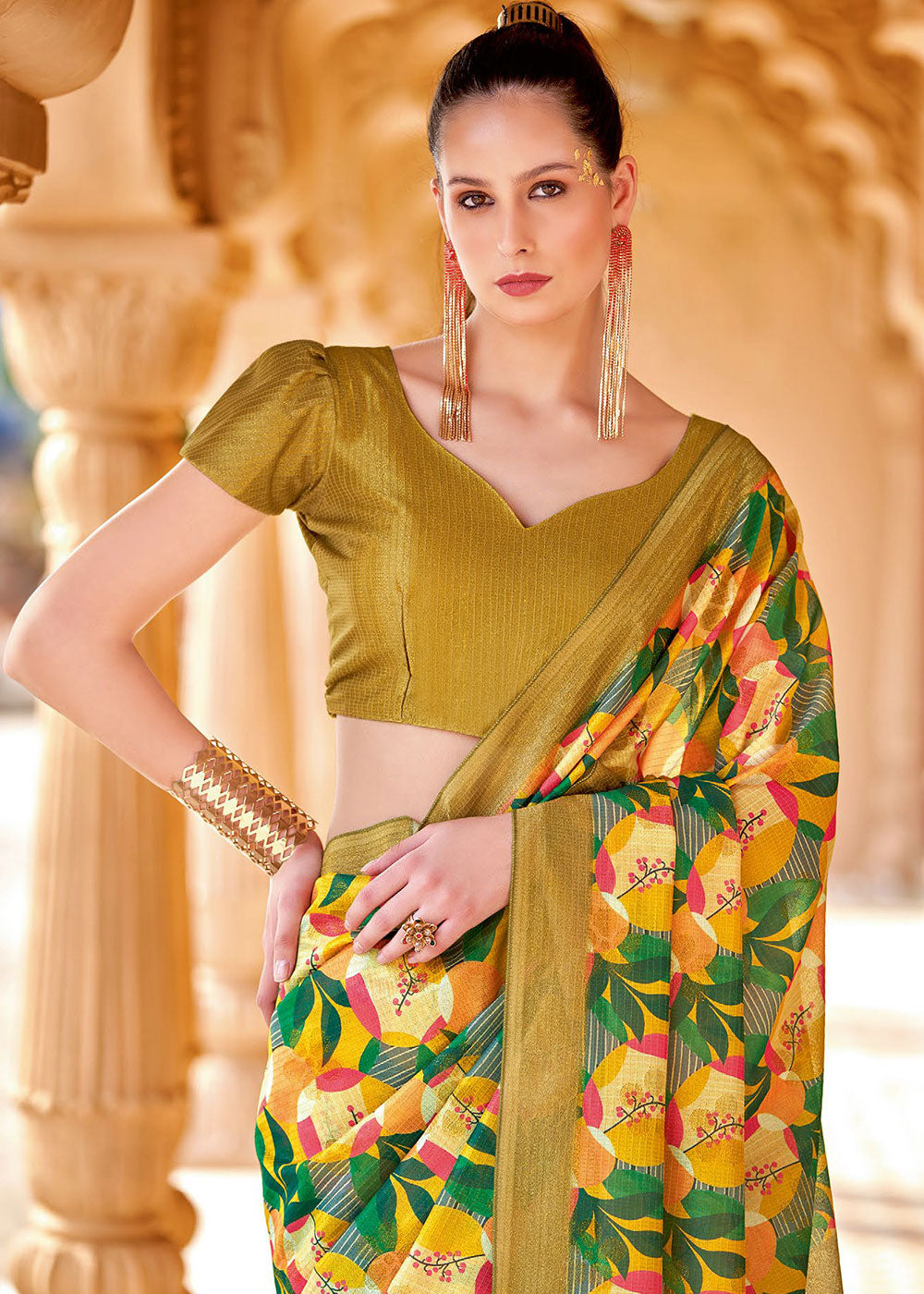 Buy MySilkLove Ronchi Yellow and Green Floral Printed Cotton Silk Saree Online