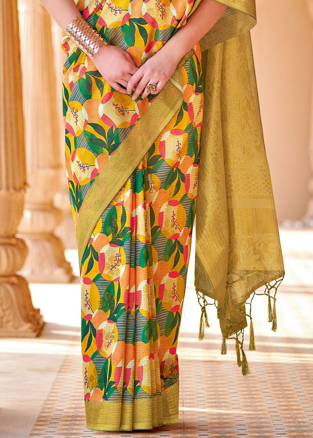 Buy MySilkLove Ronchi Yellow and Green Floral Printed Cotton Silk Saree Online