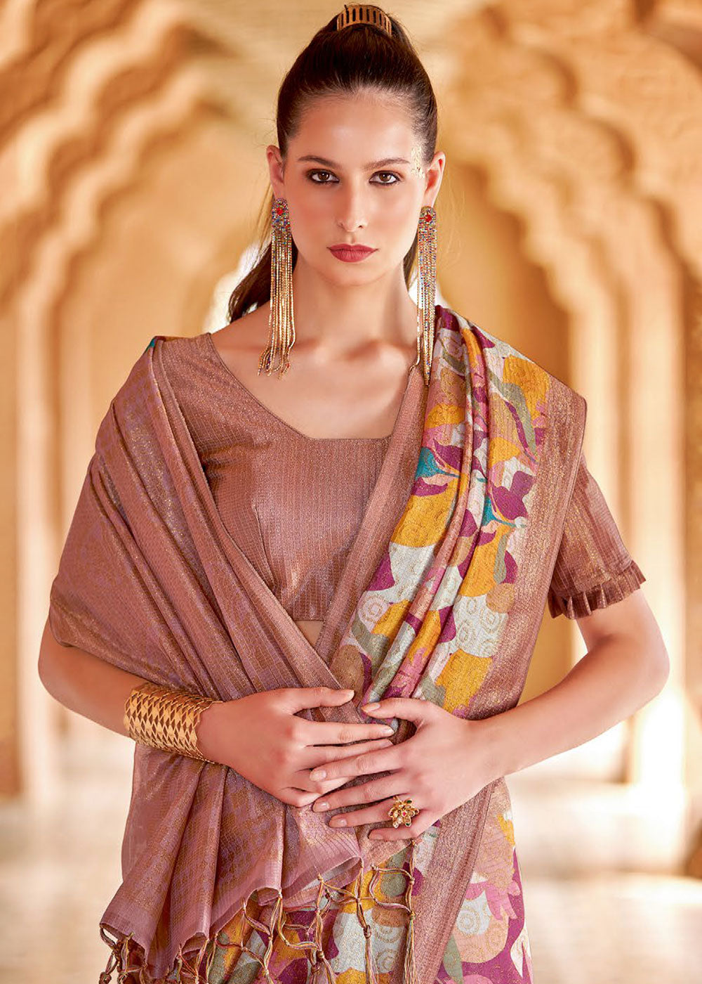 Buy MySilkLove Cadillac Purple and Brown Floral Printed Cotton Silk Saree Online