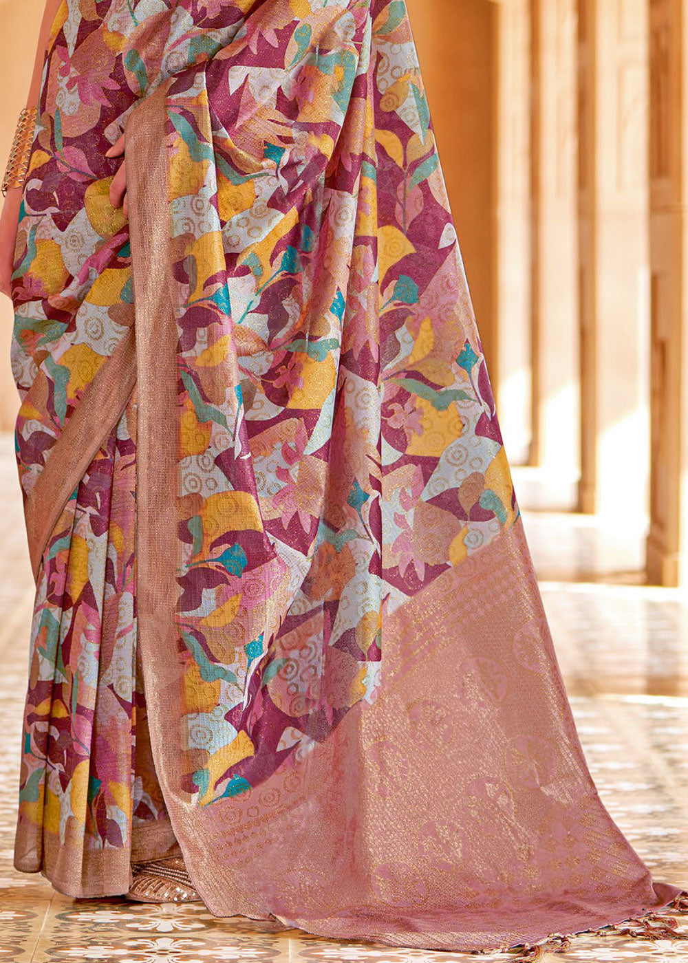 Buy MySilkLove Cadillac Purple and Brown Floral Printed Cotton Silk Saree Online