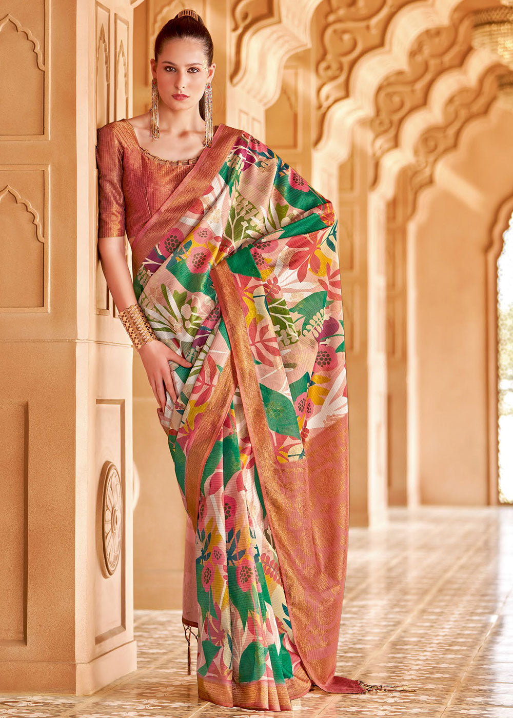 Buy MySilkLove Copperfield  Brown and Green Floral Printed Cotton Silk Saree Online